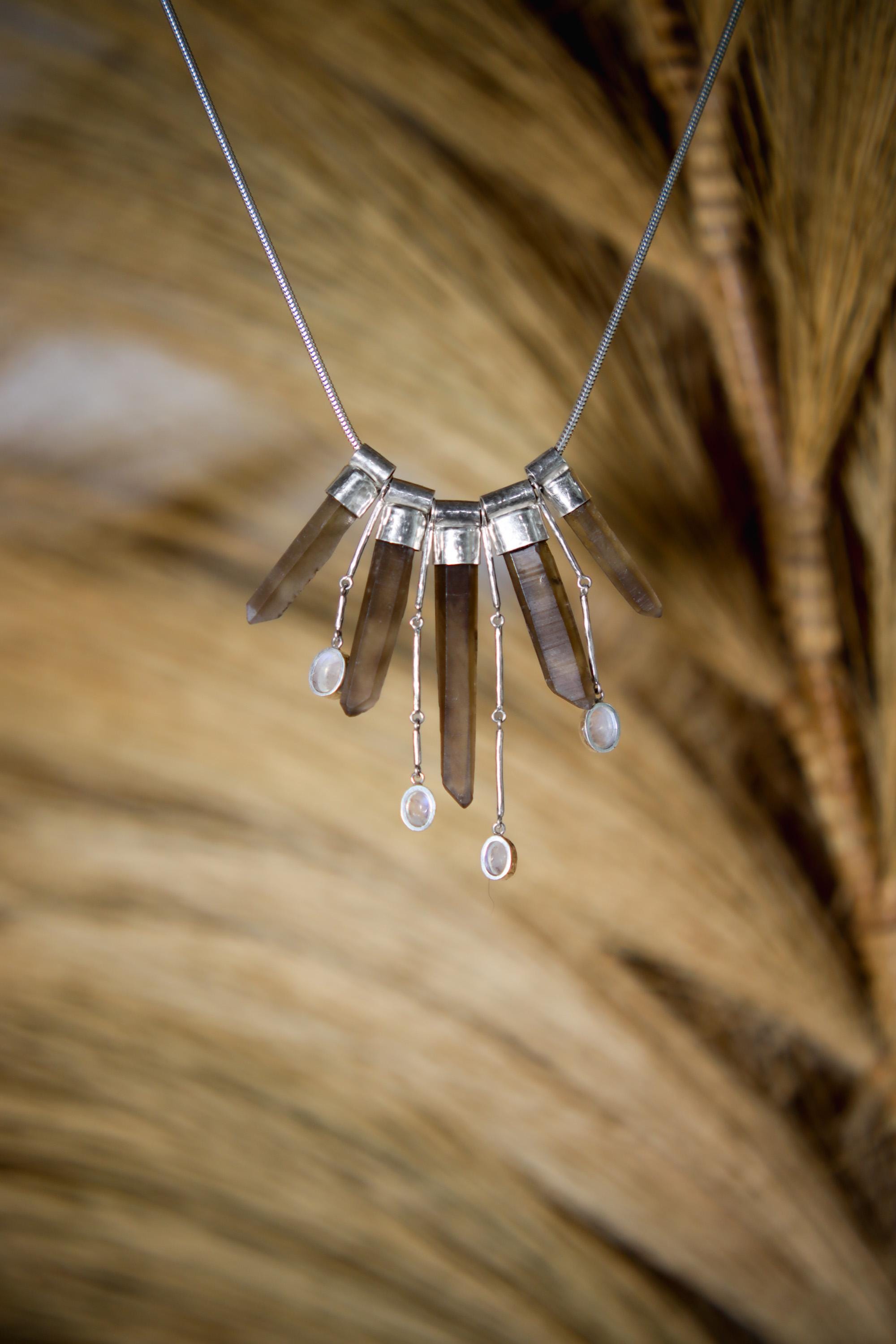 Elegant Blue Moonstone, Australian Smoky Citrine Phantom Quartz Stack Pendant on 3mm Snake Chain, Textured Sterling Silver, Light & Healing