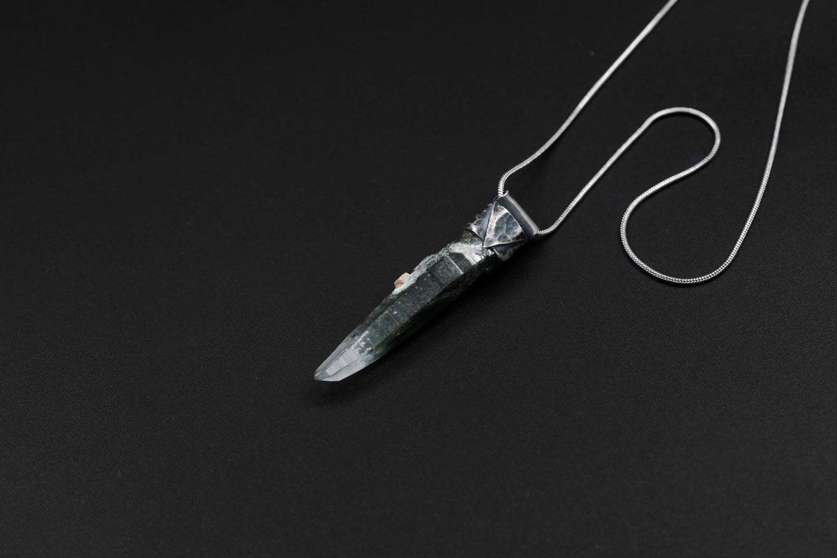 Nepalese Chlorite Quartz Point Pendant: Oxidized Sterling Silver Crystal Stack