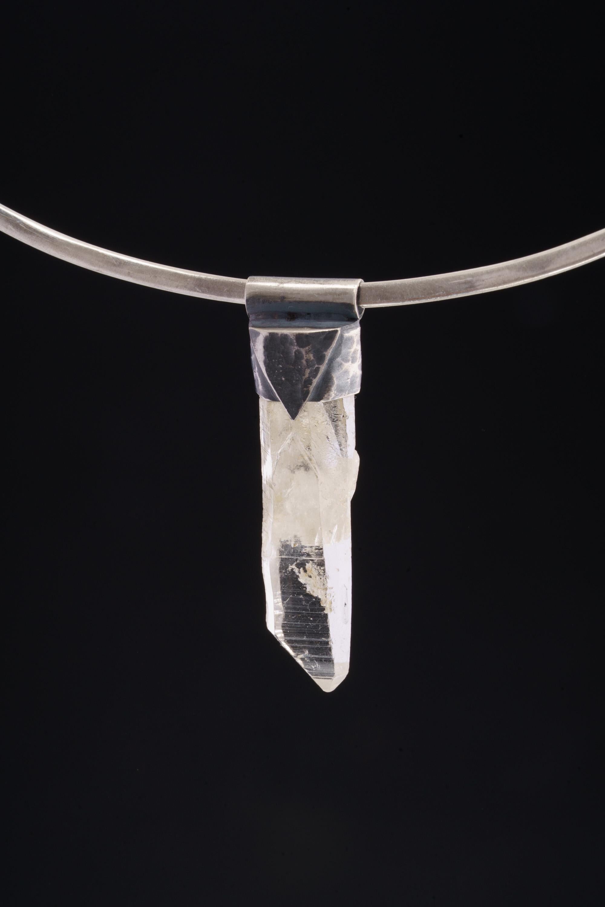 Clear Lemurian Quartz Point Pendant, Oxidized Hammered Sterling Silver, Stackable Crystal Necklace, Crown Chakra, Unique Gift, NO/24