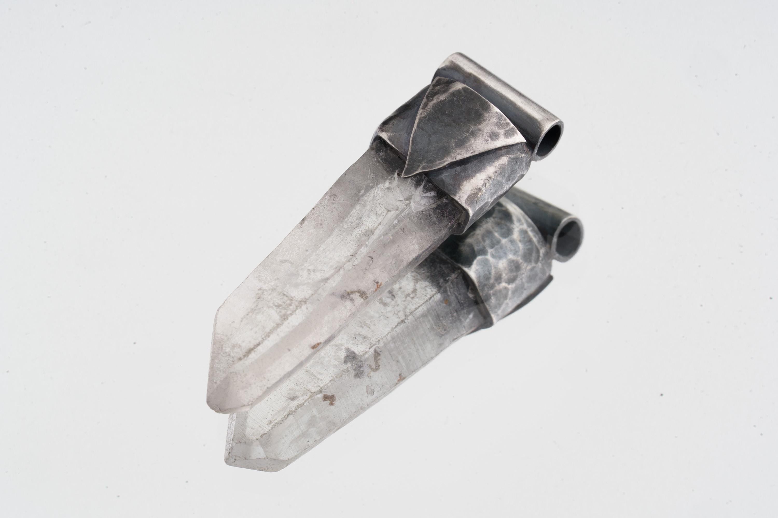 Water Clear Nepalese Inclusion Quartz Pendant shown on white background with hand-hammered geometric silver cap and clear crystal body.