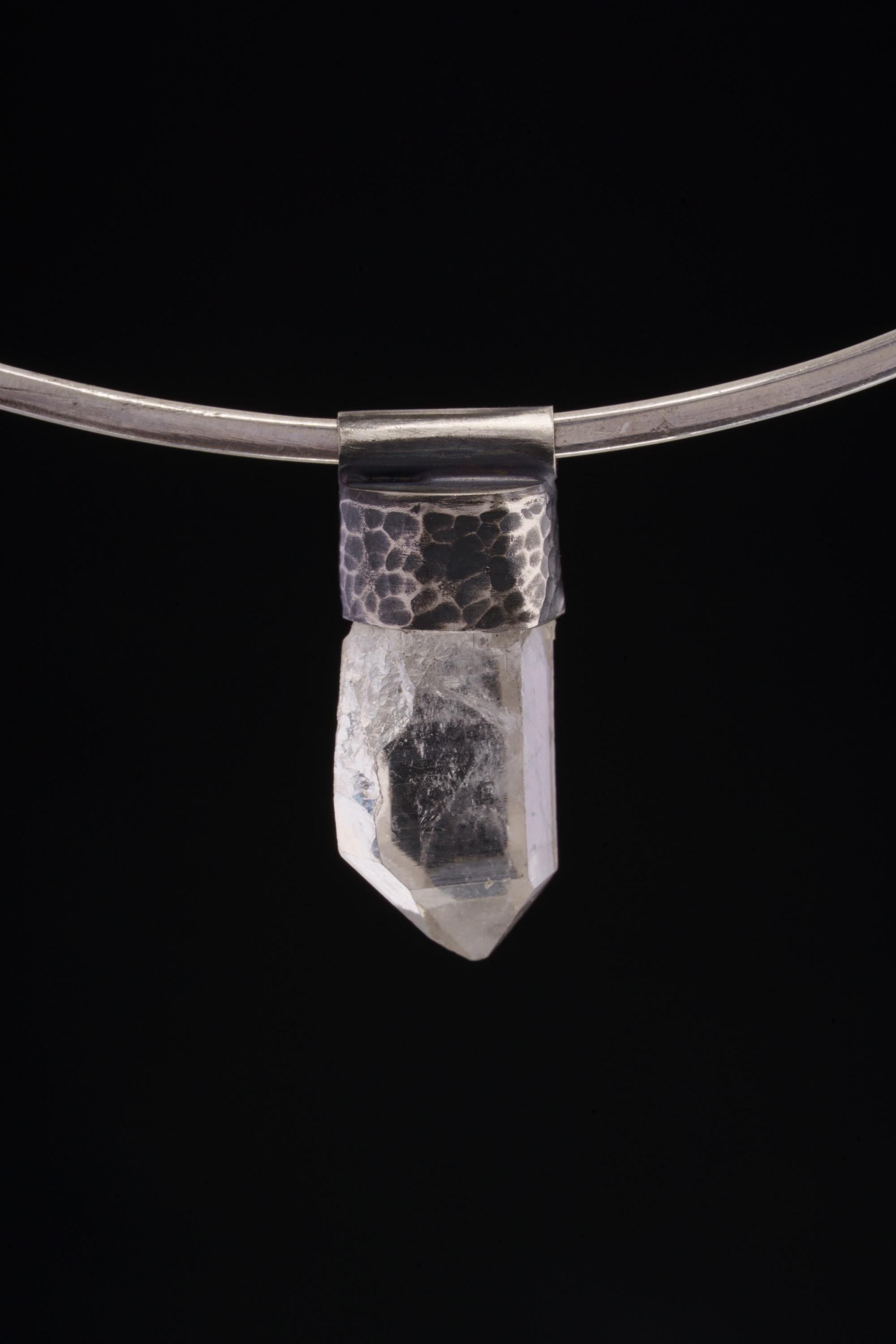 Clear Lemurian Quartz Point Pendant, Oxidized Hammered Sterling Silver, Stackable Crystal Necklace, Crown Chakra, Unique Gift, NO/08