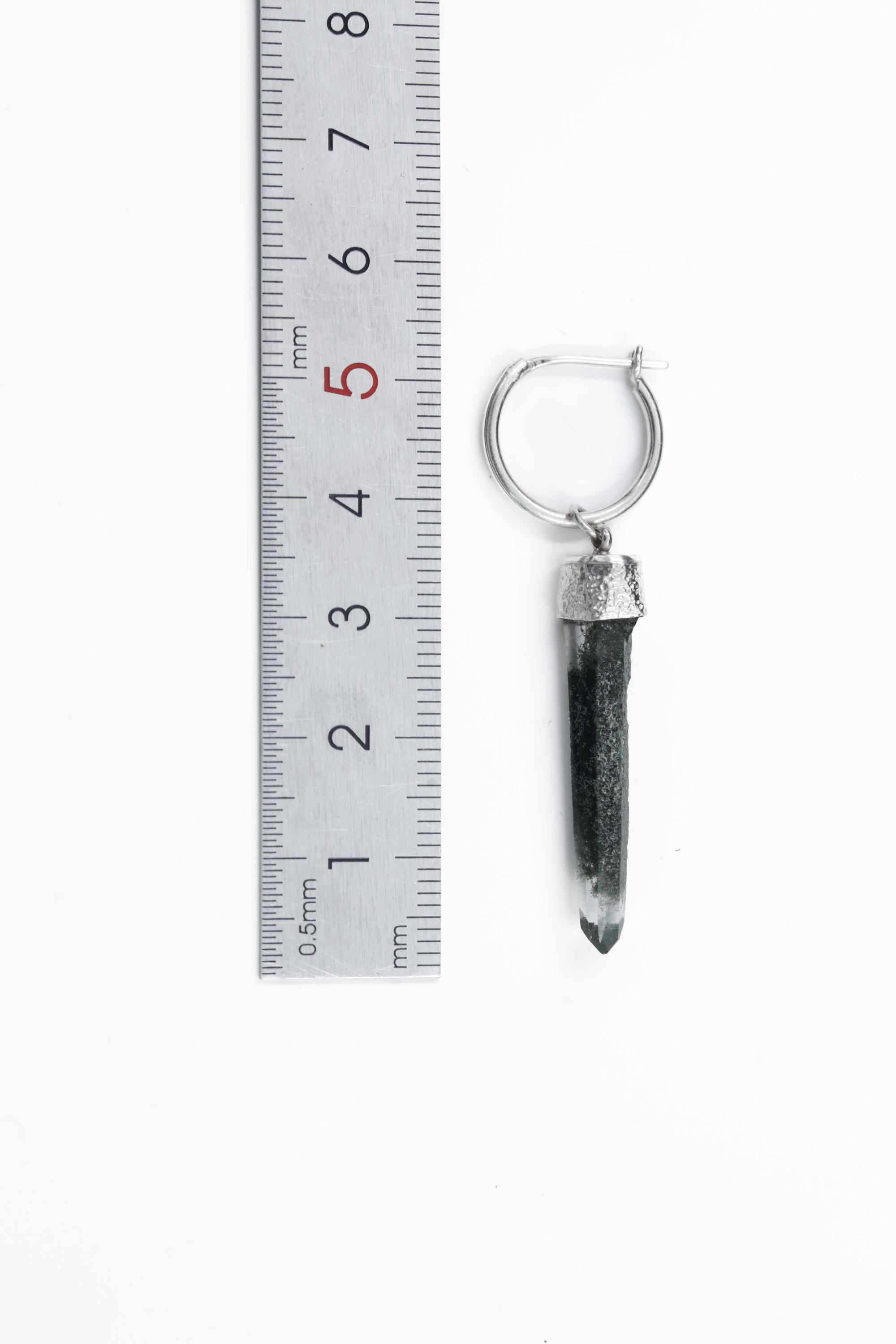 Single Himalayan Chlorite Quartz hoop earring shown beside a ruler for length reference.