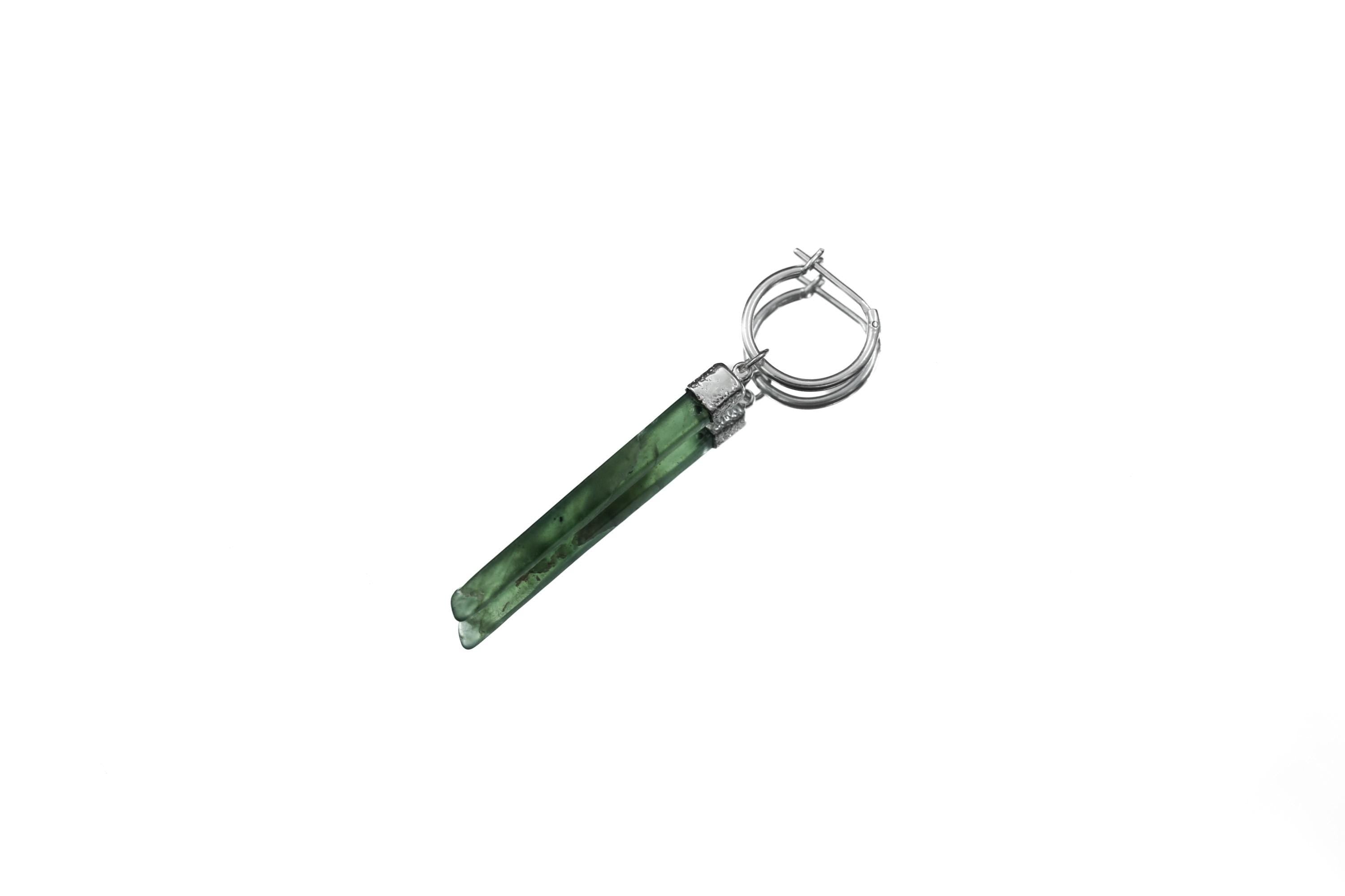 Single Green Jade Hoop Earring, 925 Sterling Silver, Sand Textured & Shiny Finish, Heart Chakra, Healing Jewelry, Unique Gift