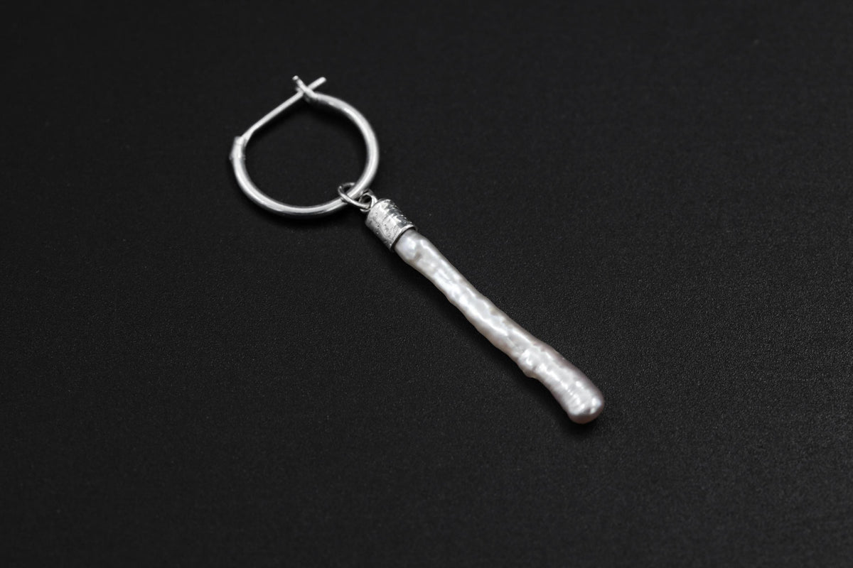 Single Freshwater Pearl Dangle Hoop Earring, Sterling Silver, 5cm Drop, Shiny Finish, Crown Chakra, Wisdom & Purity, Unique Gift