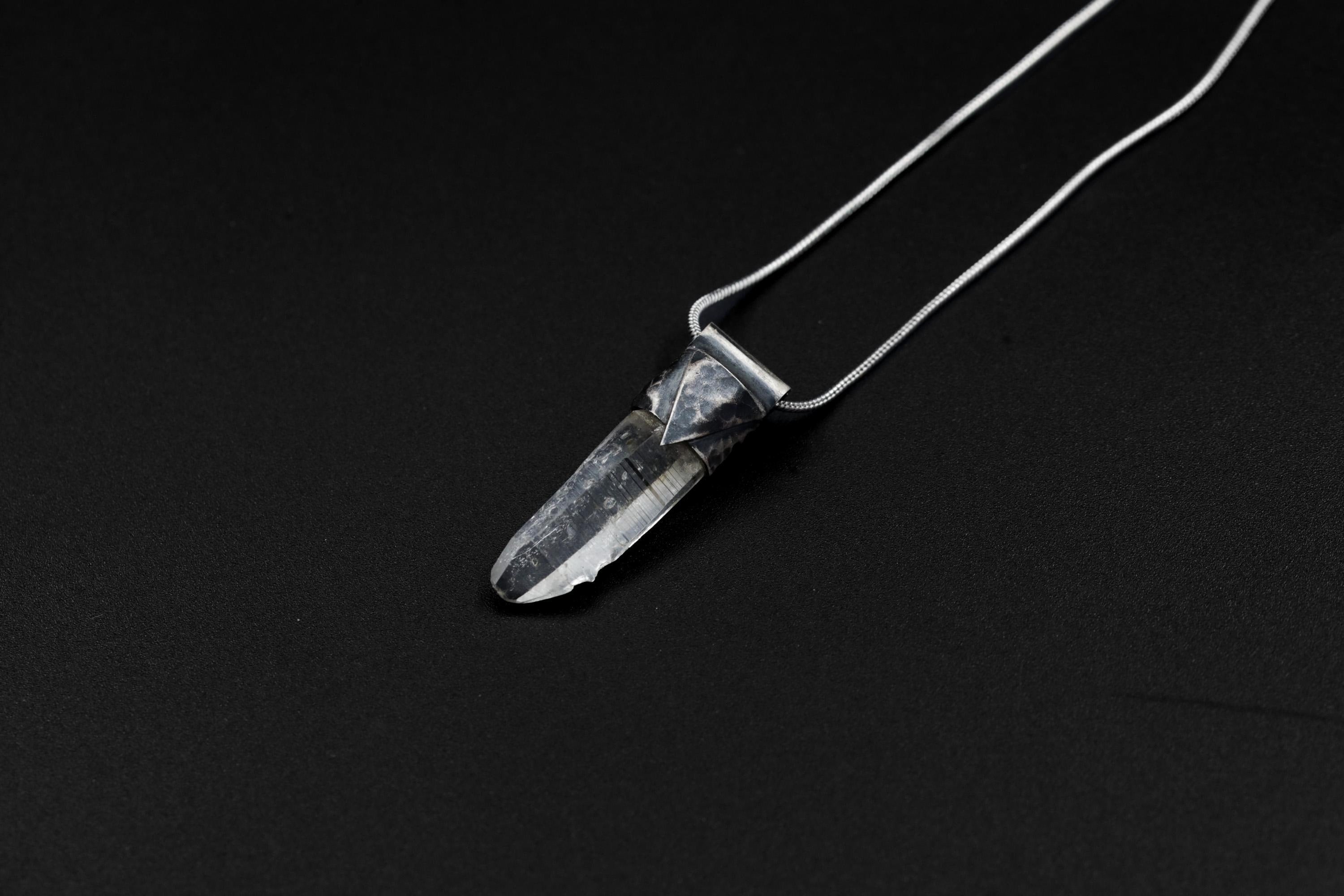 Nepal Inclusion Quartz Stack Pendant 925 Sterling Silver Hammered Texture Meditation Talisman Jewelry