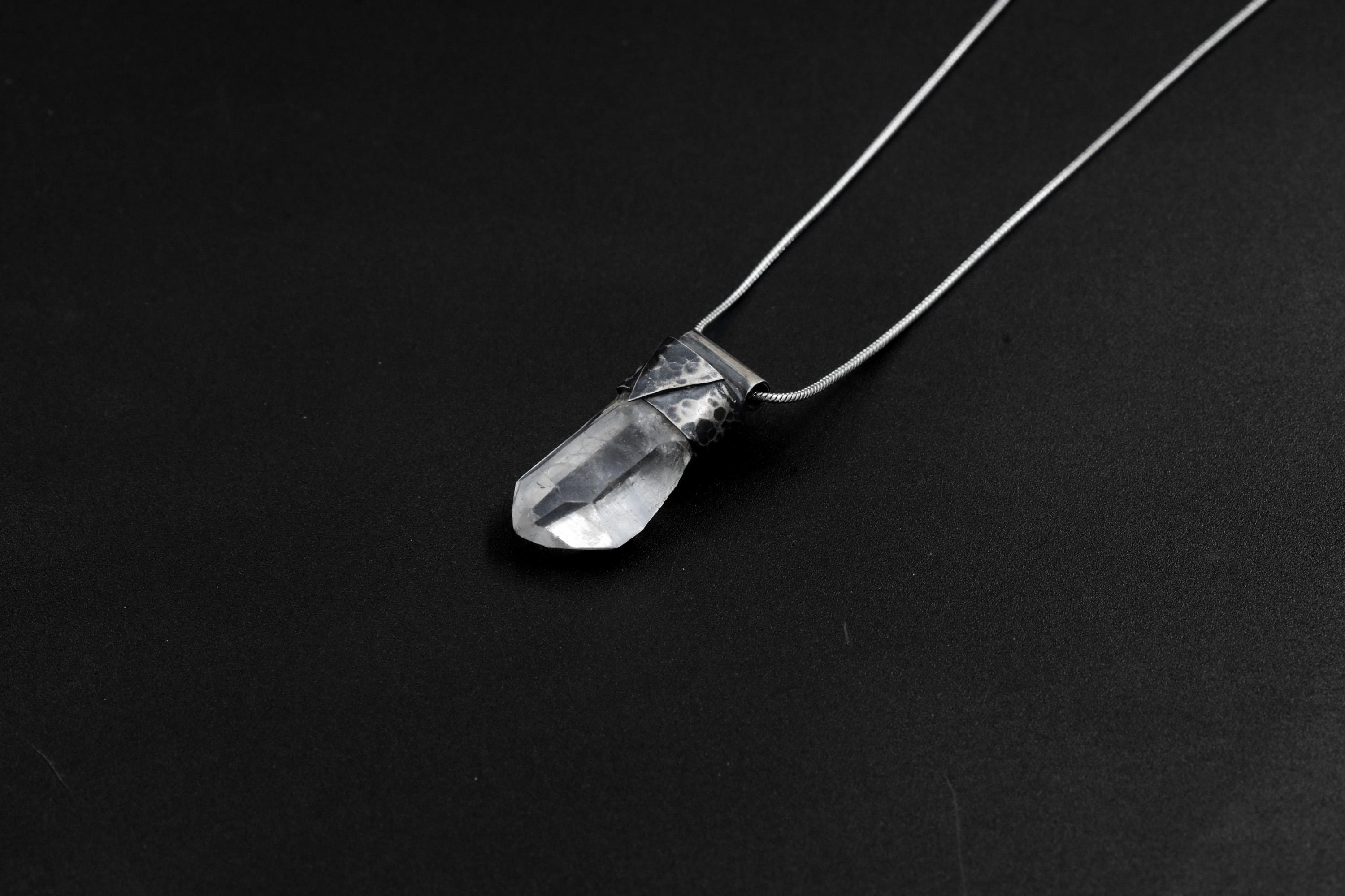 Clear Lemurian Quartz Point Pendant, Oxidized Hammered Sterling Silver, Stackable Crystal Necklace, Crown Chakra, Unique Gift, NO/08