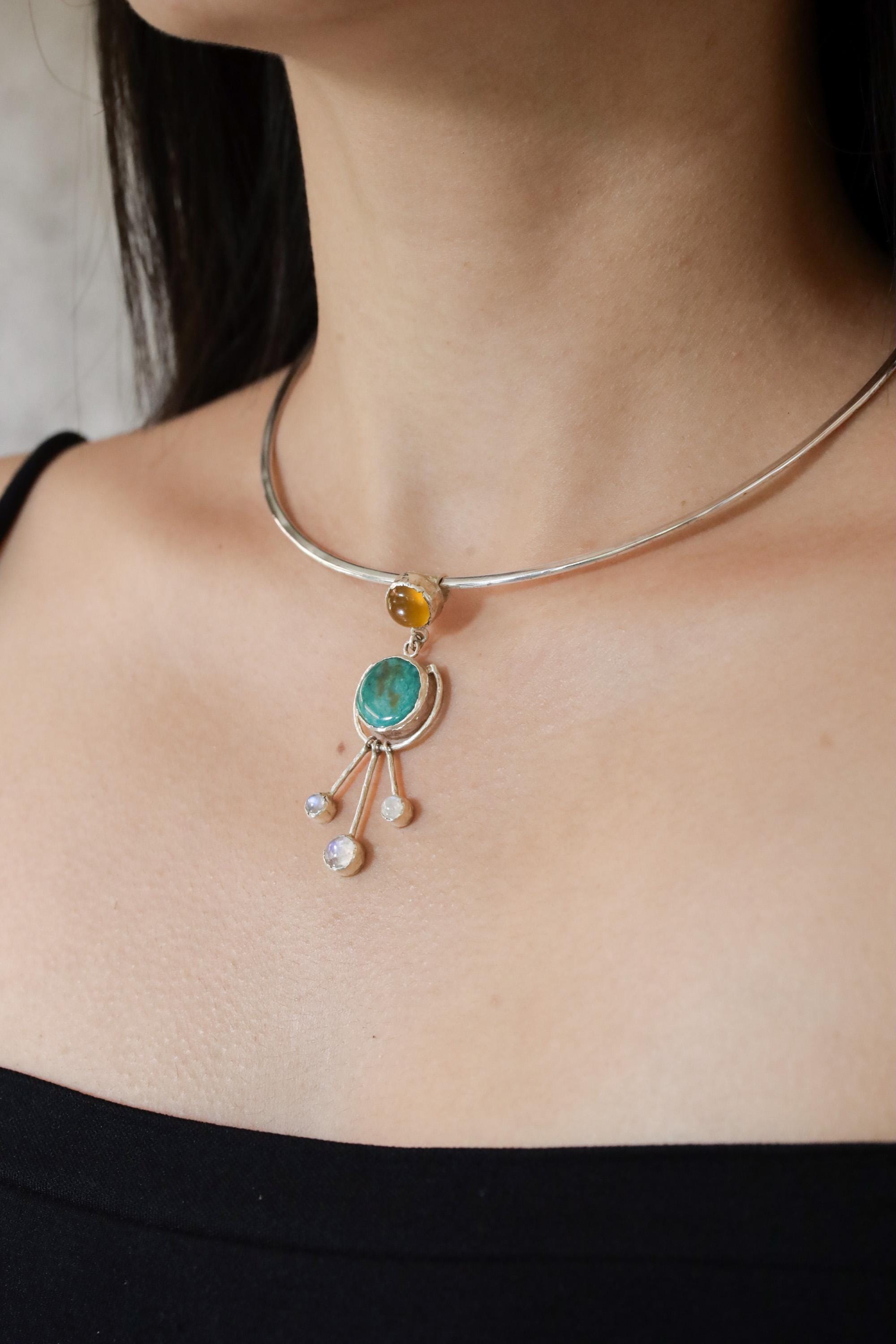 Turquoise Pendant with Three Dangling Moonstones and Radiant Carnelian, Textured Polished Sterling Silver