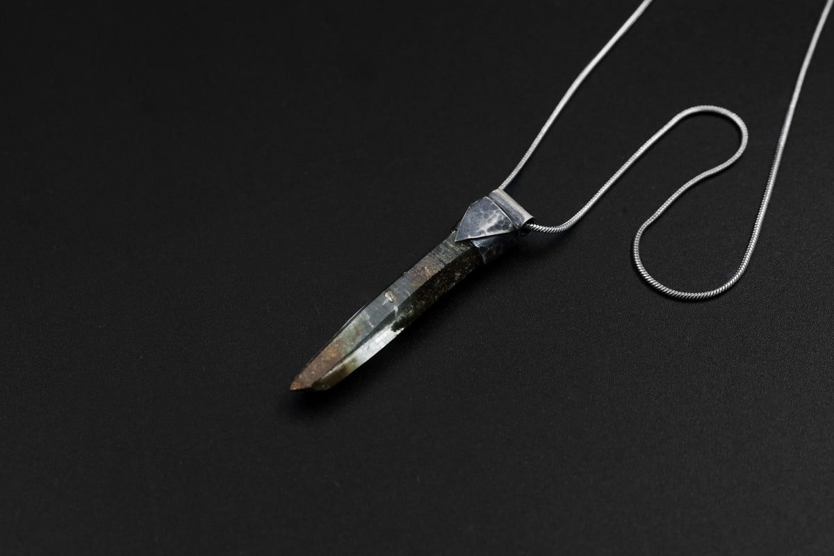 NEPLAE Chloride Inclusion Laser Quartz Point Stack Pendant, Textured & Oxidized 925 Sterling Silver, Unique Gift - Crystal NO.26
