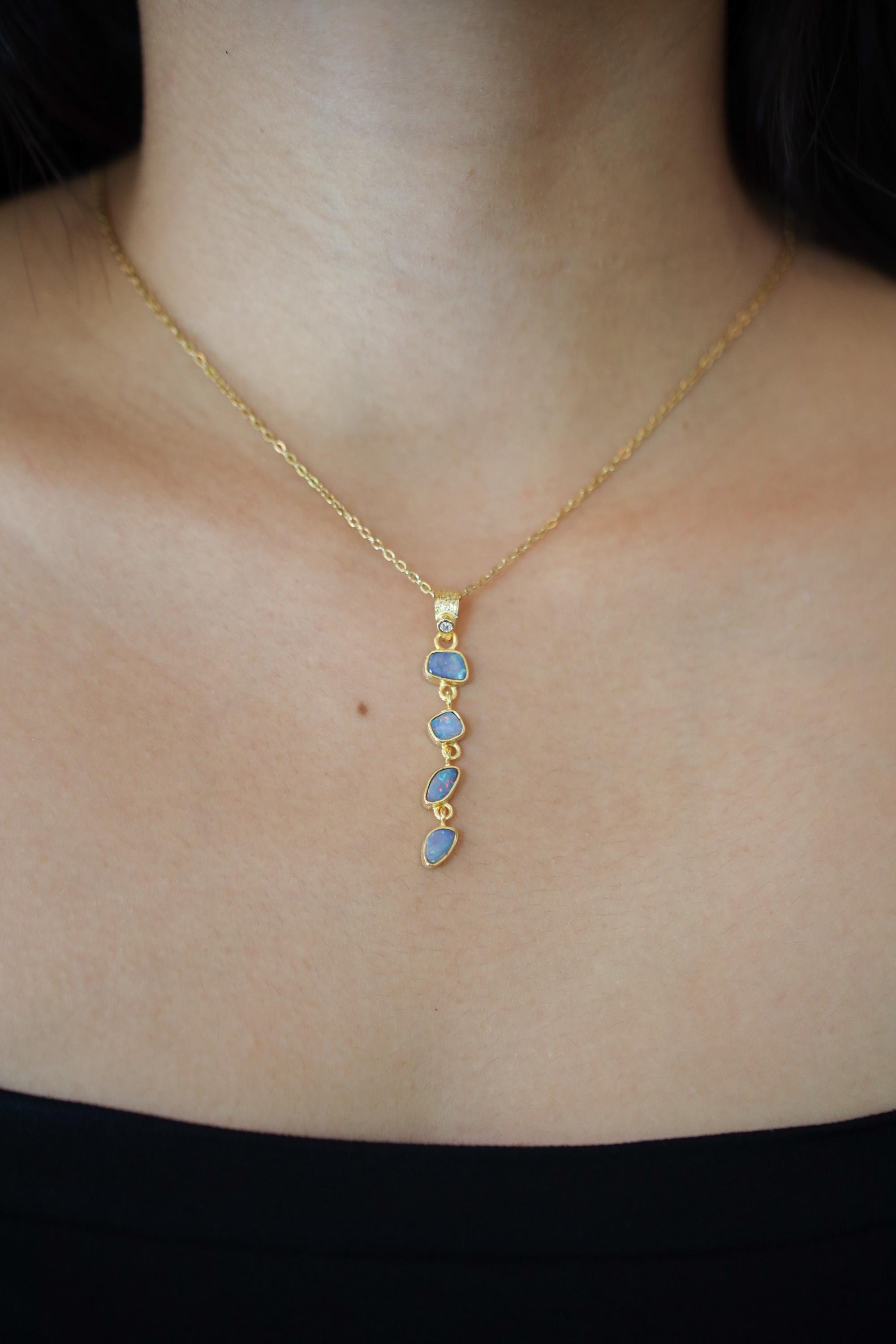 Round Shaped Zircon & Australian Opal Pendant, 18k Gold-Plated Sterling Silver, Bohemian Crystal Necklace, Spiritual Growth, Unique Gift