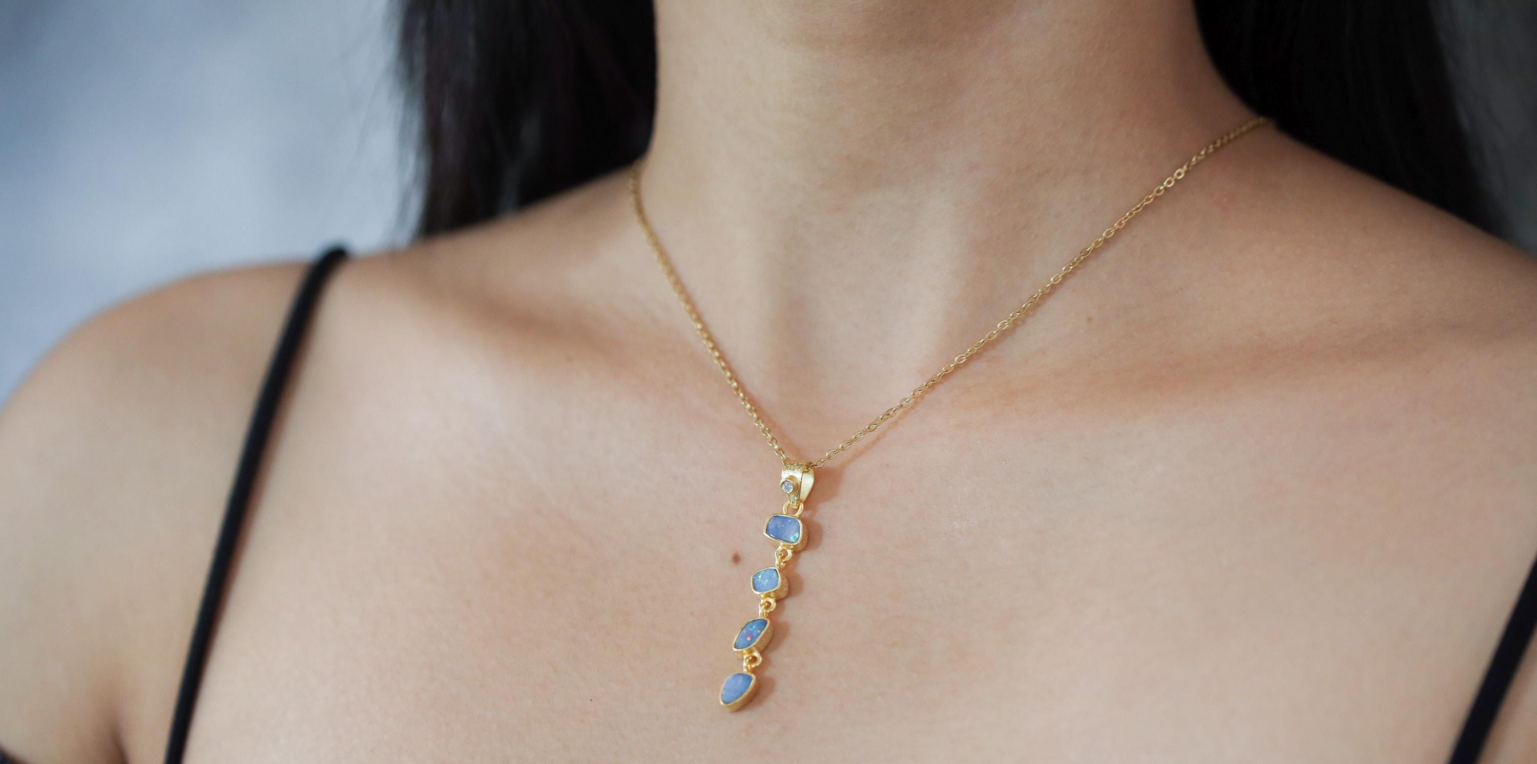 Australian Opal Droplet Pendant 925 Silver 18k Gold Plated Zircon Crown Chakra Pisces Jewelry Gift