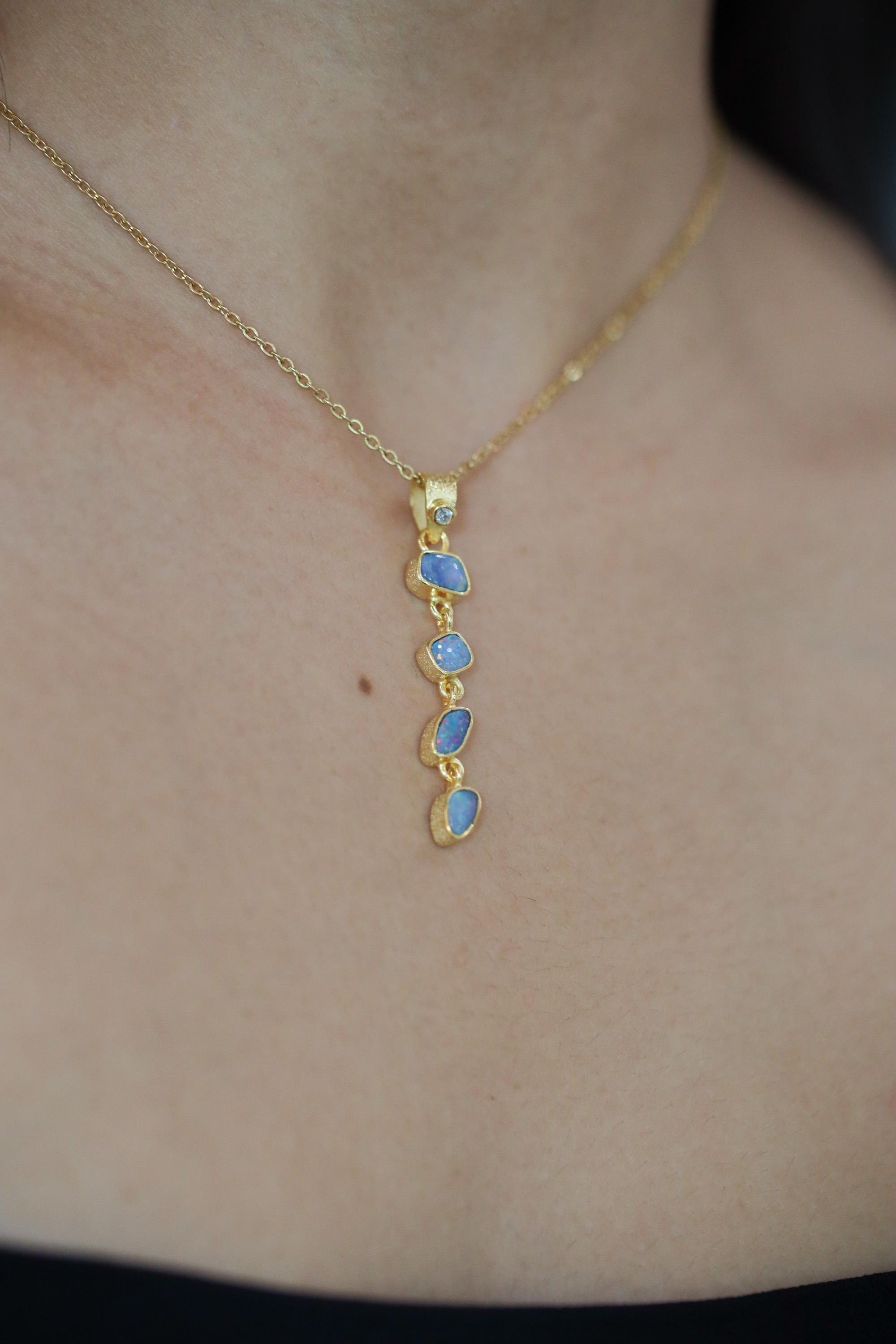 Round Shaped Zircon & Australian Opal Pendant, 18k Gold-Plated Sterling Silver, Bohemian Crystal Necklace, Spiritual Growth, Unique Gift