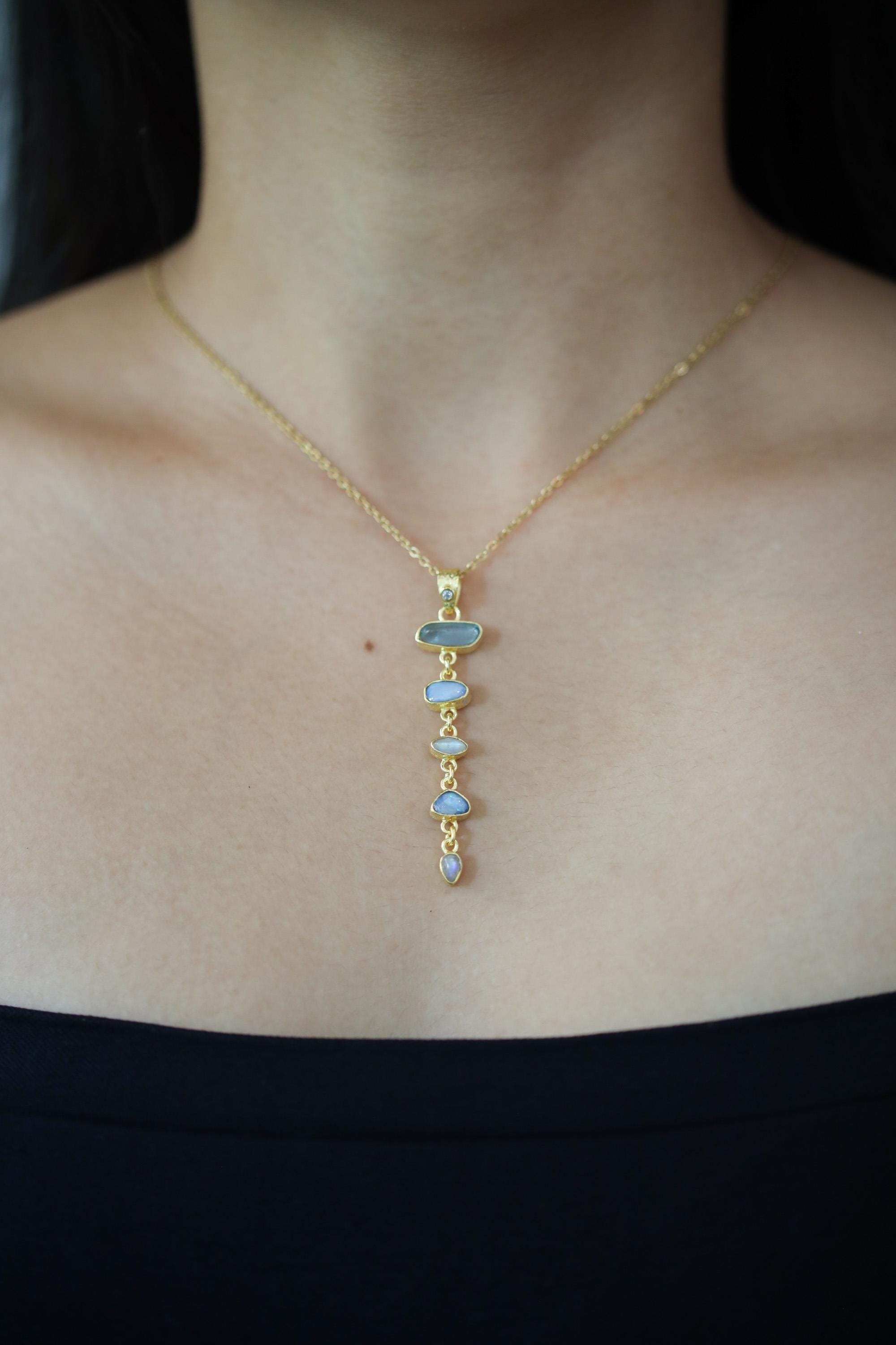 Round Faceted Zircon, Aquamarine, Australian Opal Droplets & Blue Moonstone Pendant 18k GoldPlated Organic Texture Spiritual Clarity Healing