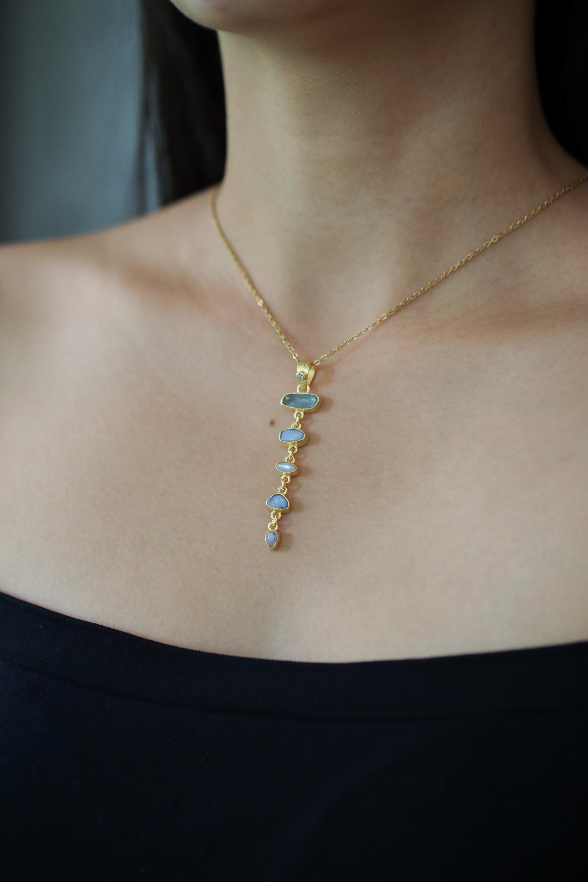 Gold Plated Gemstone Pendant: Zircon, Aquamarine, Opal & Moonstone