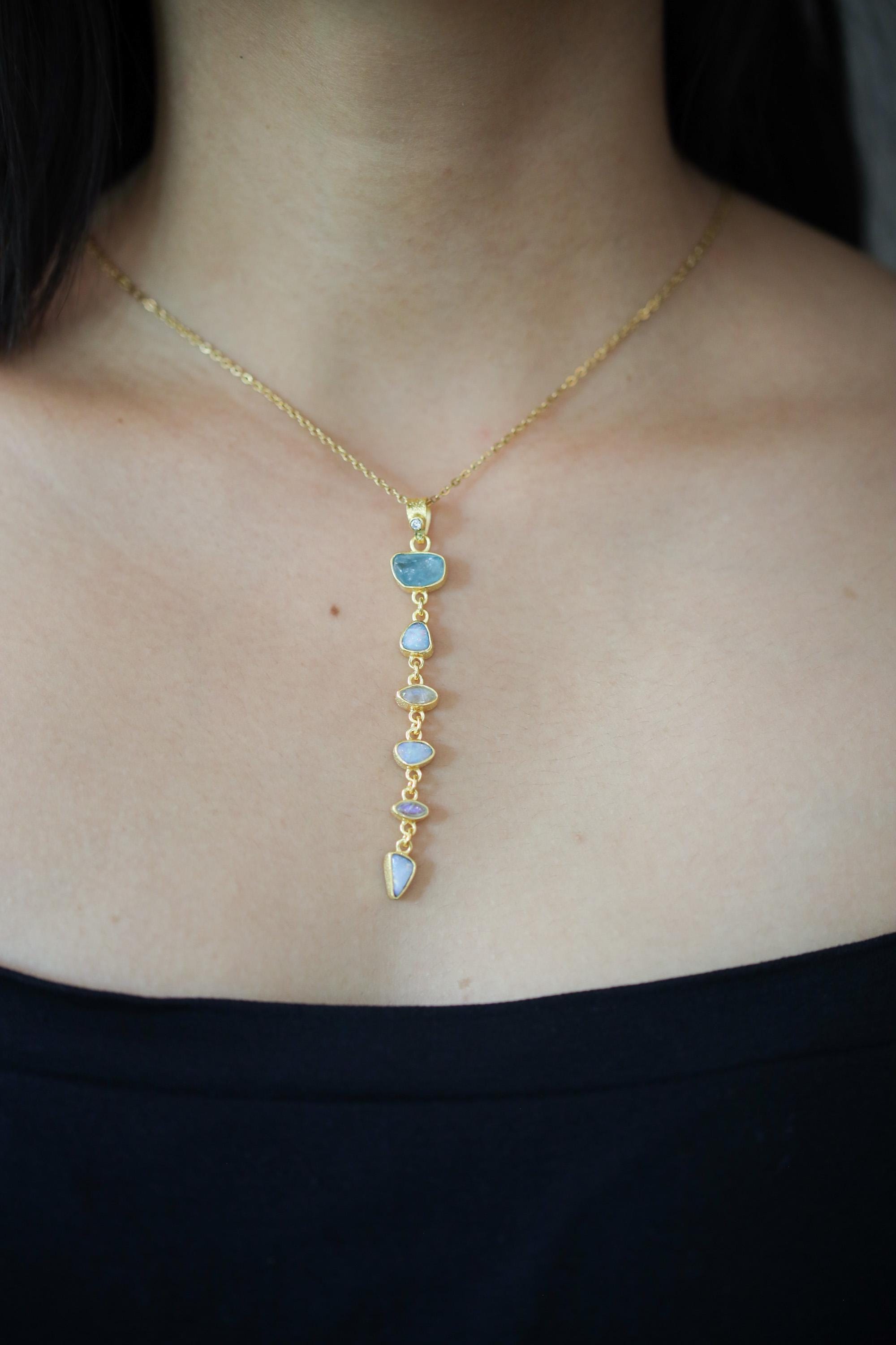 Faceted Radiant Zircon, Aquamarine, Australian Opal Doublet & Blue Moonstone Pendant, 18k Gold-Plated Sterling Silver, Unique Gift