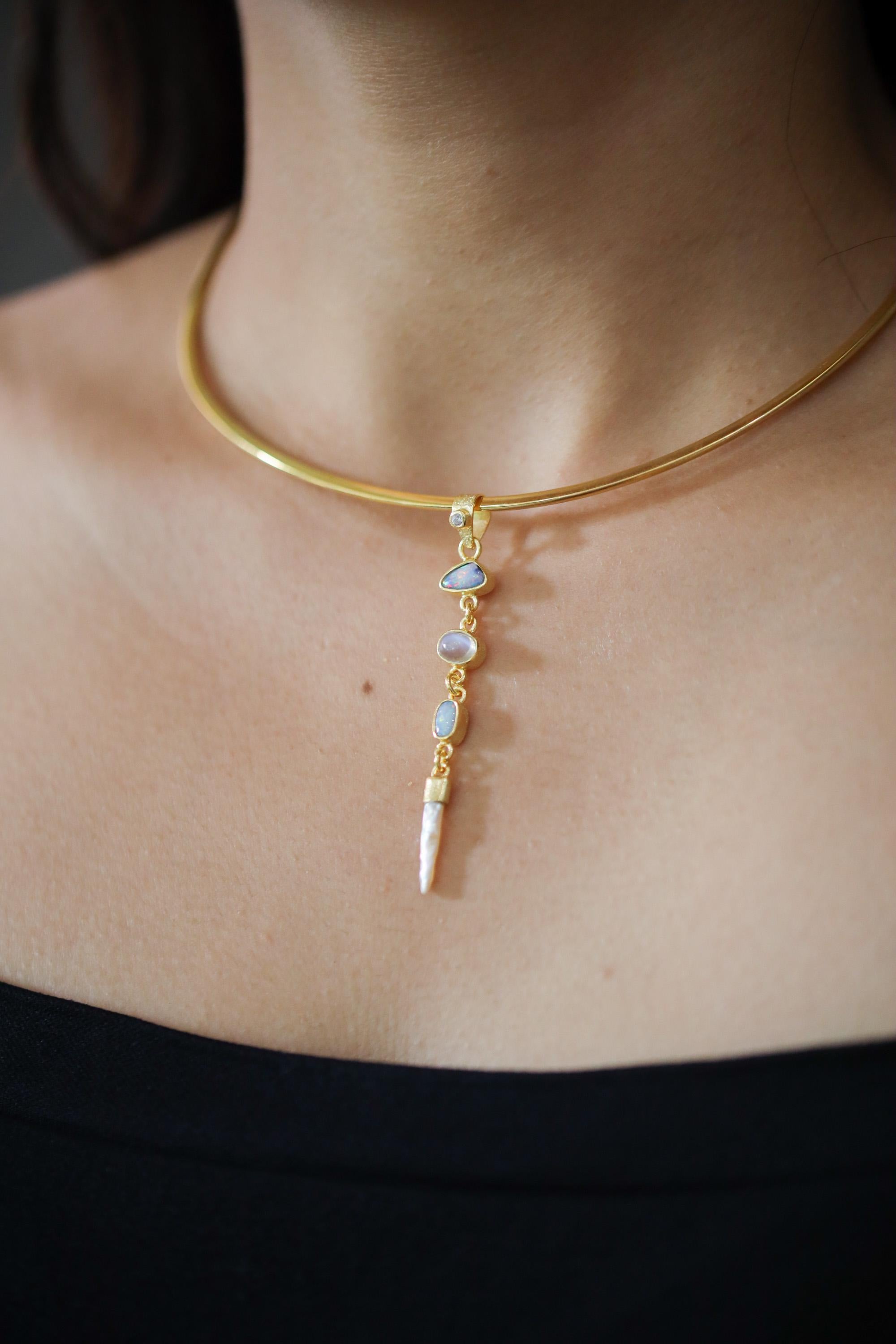 Brilliant Zircon, Australian Opal Doublet, Blue Moonstone & South Sea Pearl Pendant, Textured, 18k Gold-Plated Sterling Silver, Unique Gift