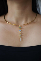 Harmonious Round Zircon, Aquamarine, Australian Opal Doublet & Blue Moonstone Pendant, Texture, 18k Gold-Plated Sterling Silver, Unique Gift