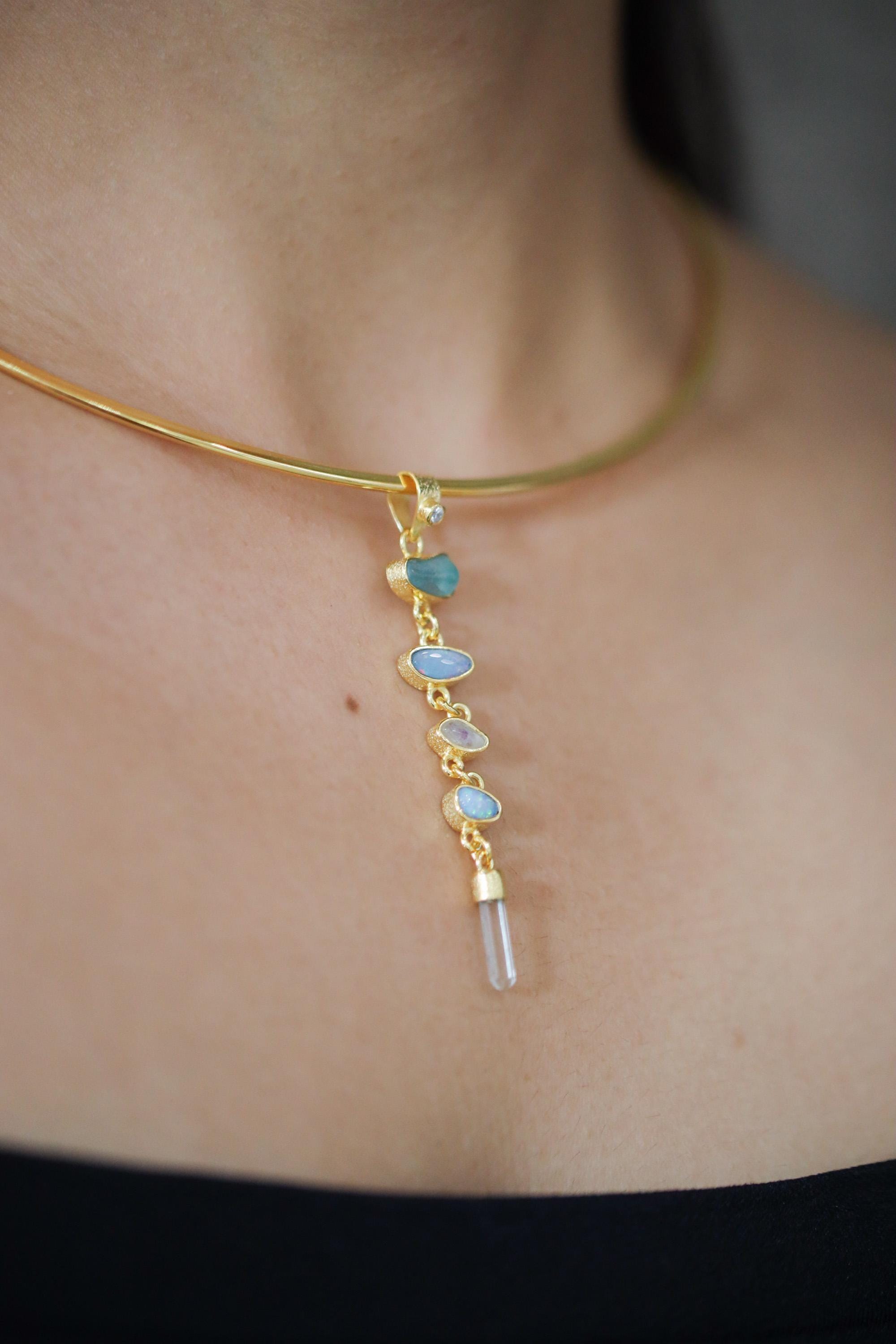 Harmonious Round Zircon, Aquamarine, Australian Opal Doublet & Blue Moonstone Pendant, Texture, 18k Gold-Plated Sterling Silver, Unique Gift