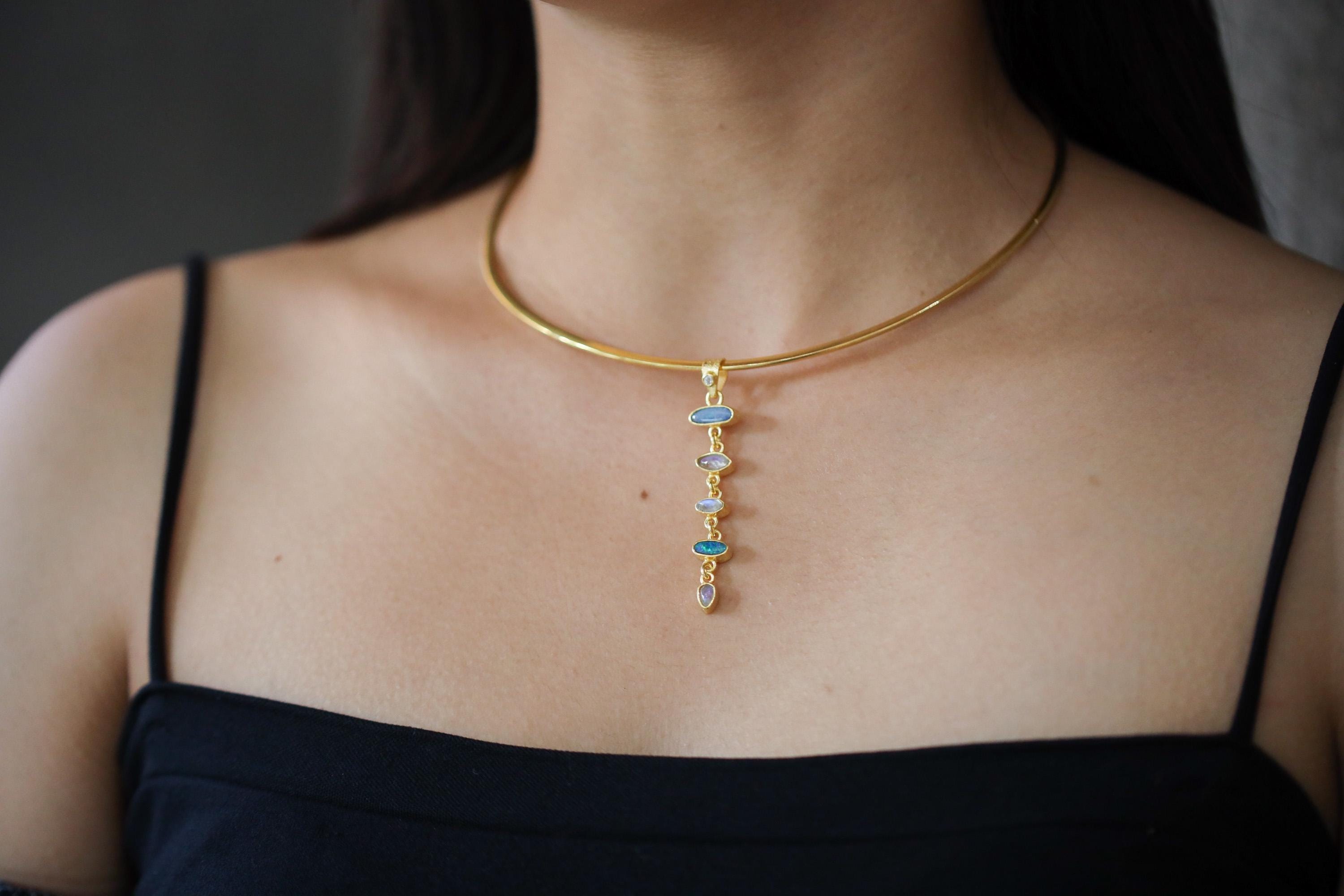 Australian Opal Doublet & Blue Moonstone Pendant With White Zircon, 18k Gold-Plated Sterling Silver, Crystal Necklace, Unique Gift