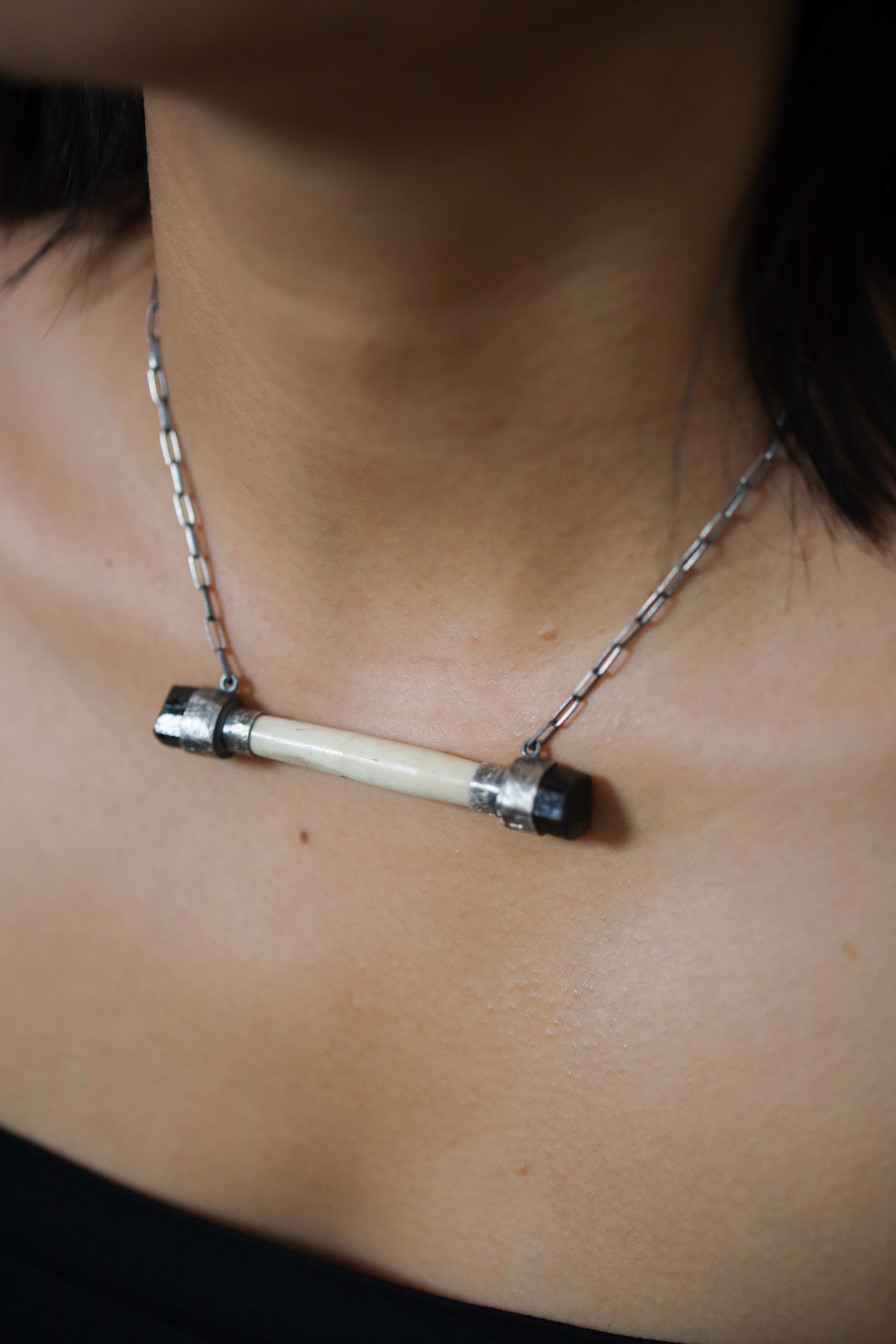 Black Tourmaline & Bone Pendant: Oxidized Sterling Silver, Root Chakra
