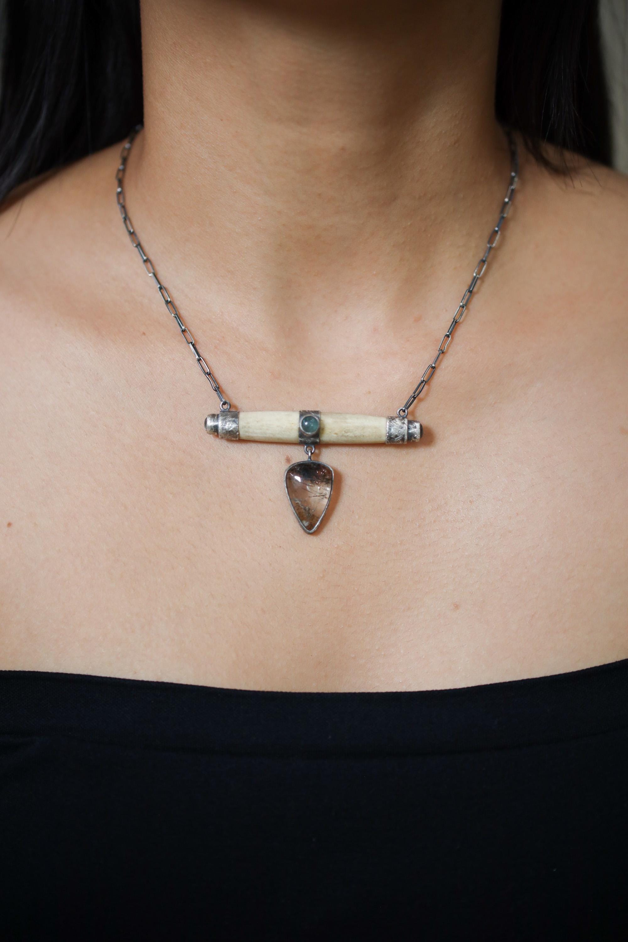 Aquamarine & Rutile Quartz Pendant: Oxidized Sterling Silver Bone