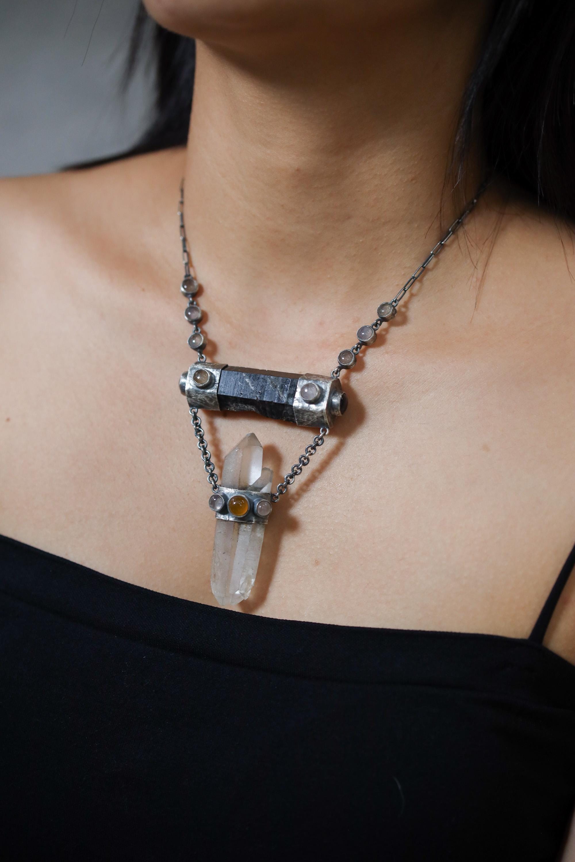 Round Rose Quartz, Black Tourmaline, Orange Chalcedony Agate, Amethyst & Twin-Terminated Quartz Pendant Oxidised Sterling Silver Unique Gift