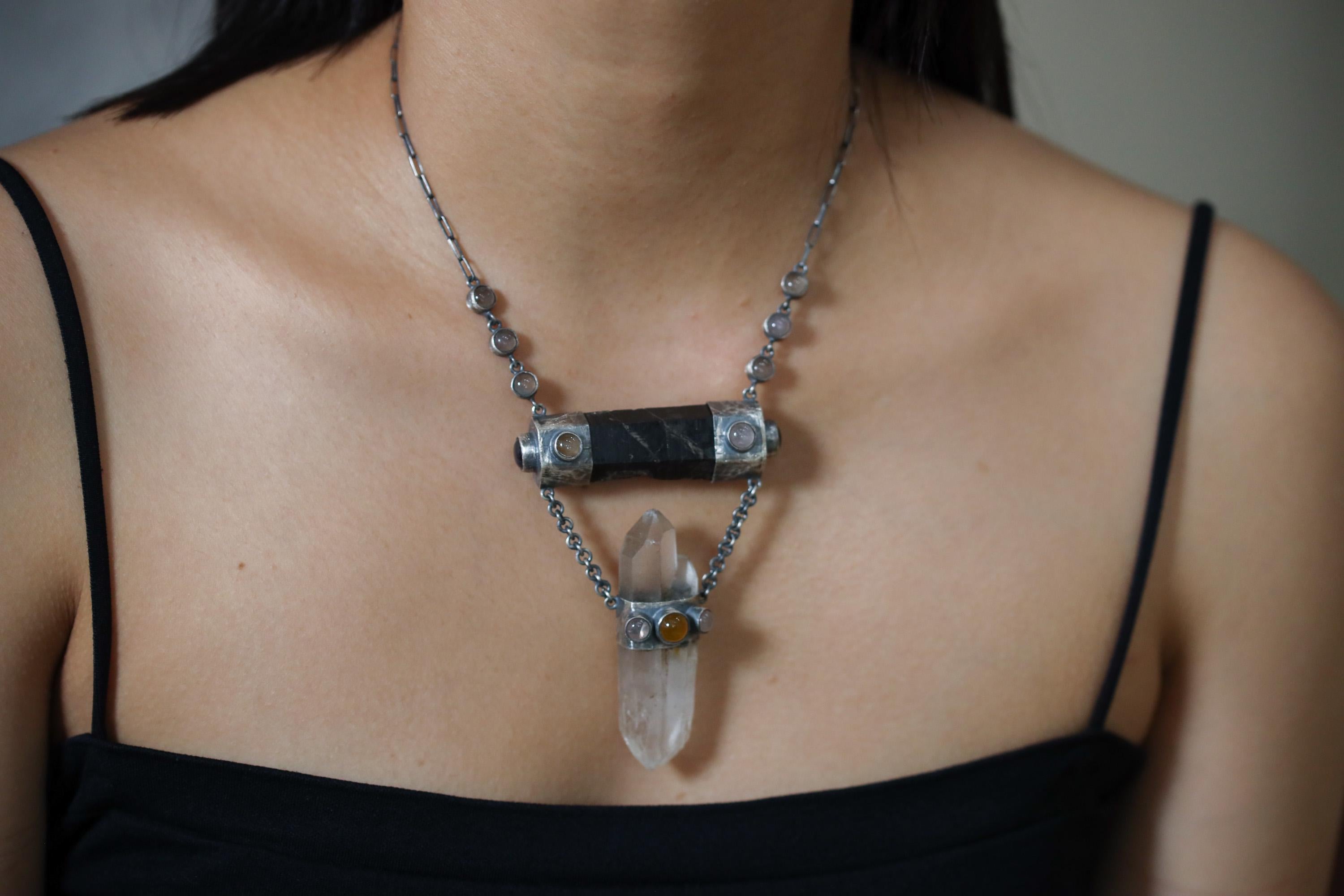 Round Rose Quartz, Black Tourmaline, Orange Chalcedony Agate, Amethyst & Twin-Terminated Quartz Pendant Oxidised Sterling Silver Unique Gift