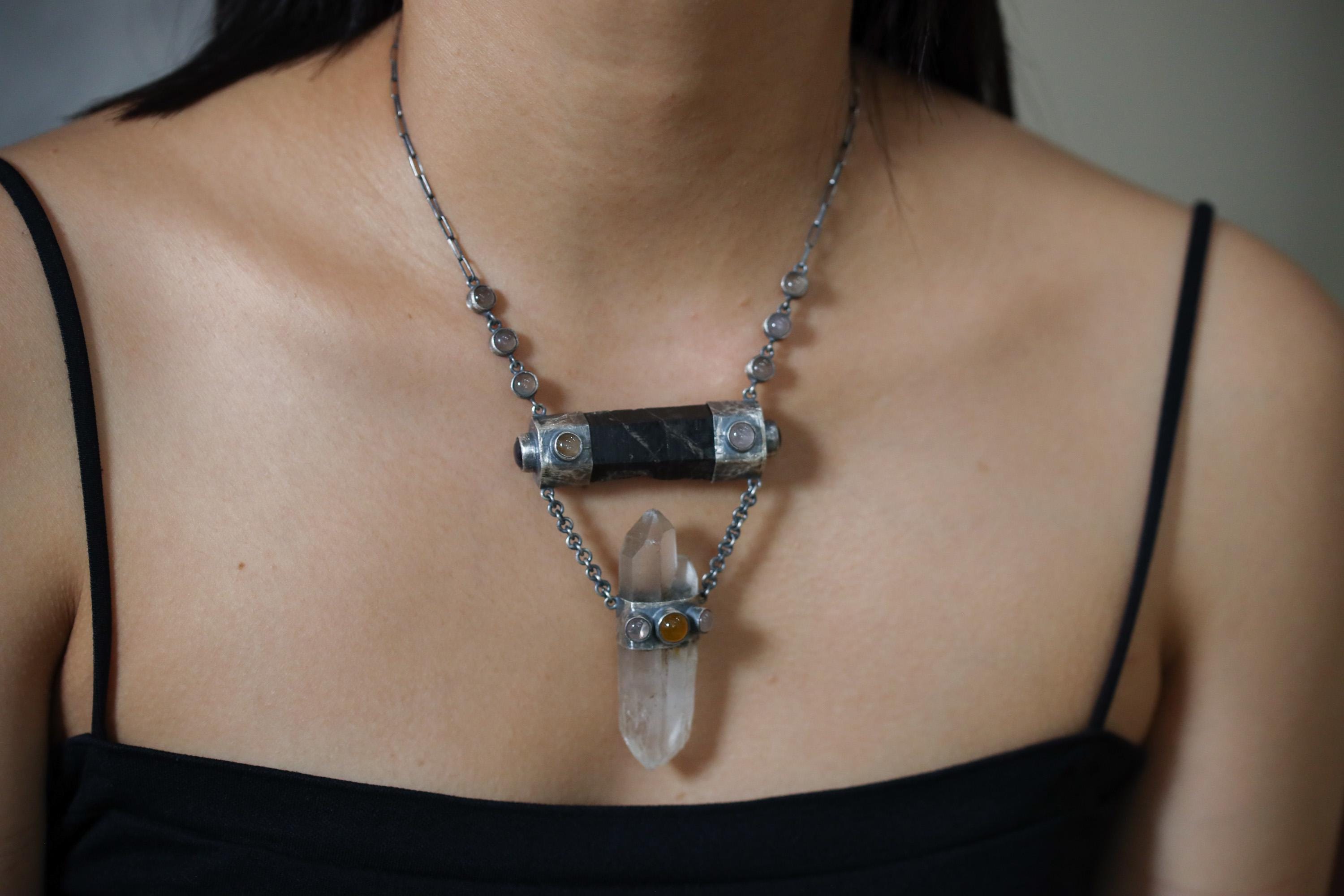 Round Rose Quartz, Black Tourmaline, Orange Chalcedony Agate, Amethyst & Twin-Terminated Quartz Pendant Oxidised Sterling Silver Unique Gift