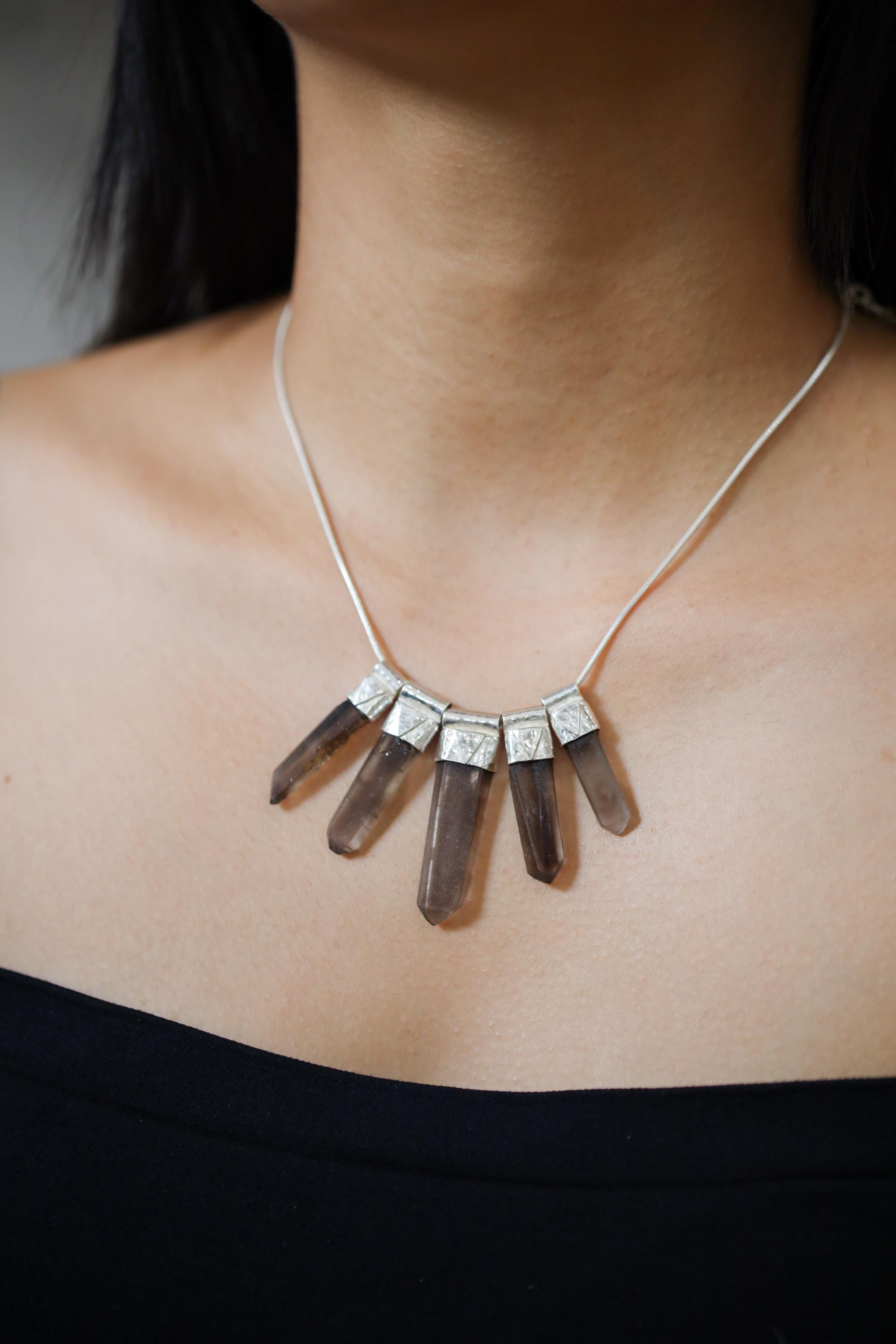 Australian Smoky Citrine Phantom Quartz necklace shown worn as a statement sterling silver crystal pendant.