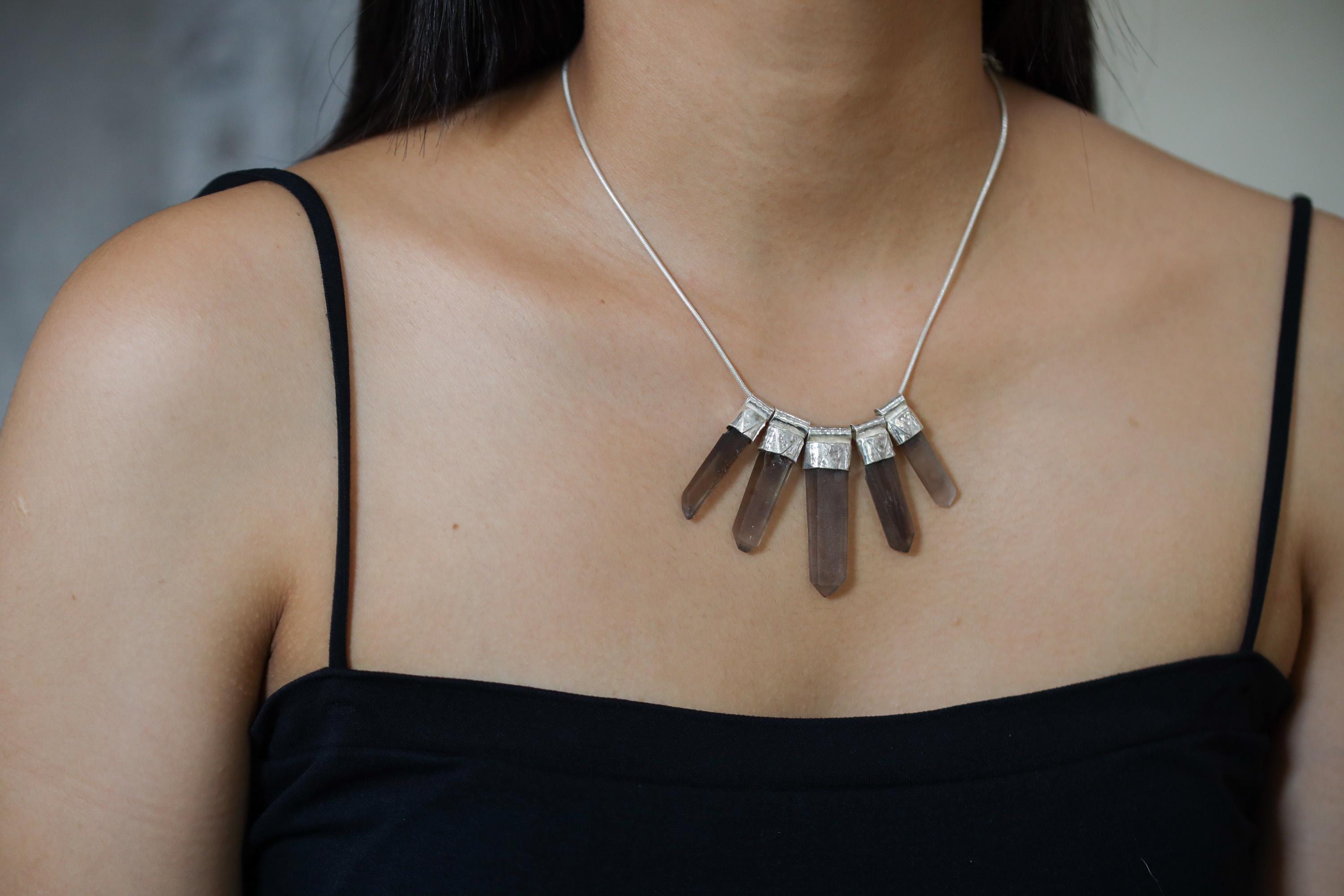 Stunning Five Australian Smoky Citrine Phantom Quartz Pendant on 3mm Snake Chain Necklace Hammer Textured Sterling Silver Healing & Elegance