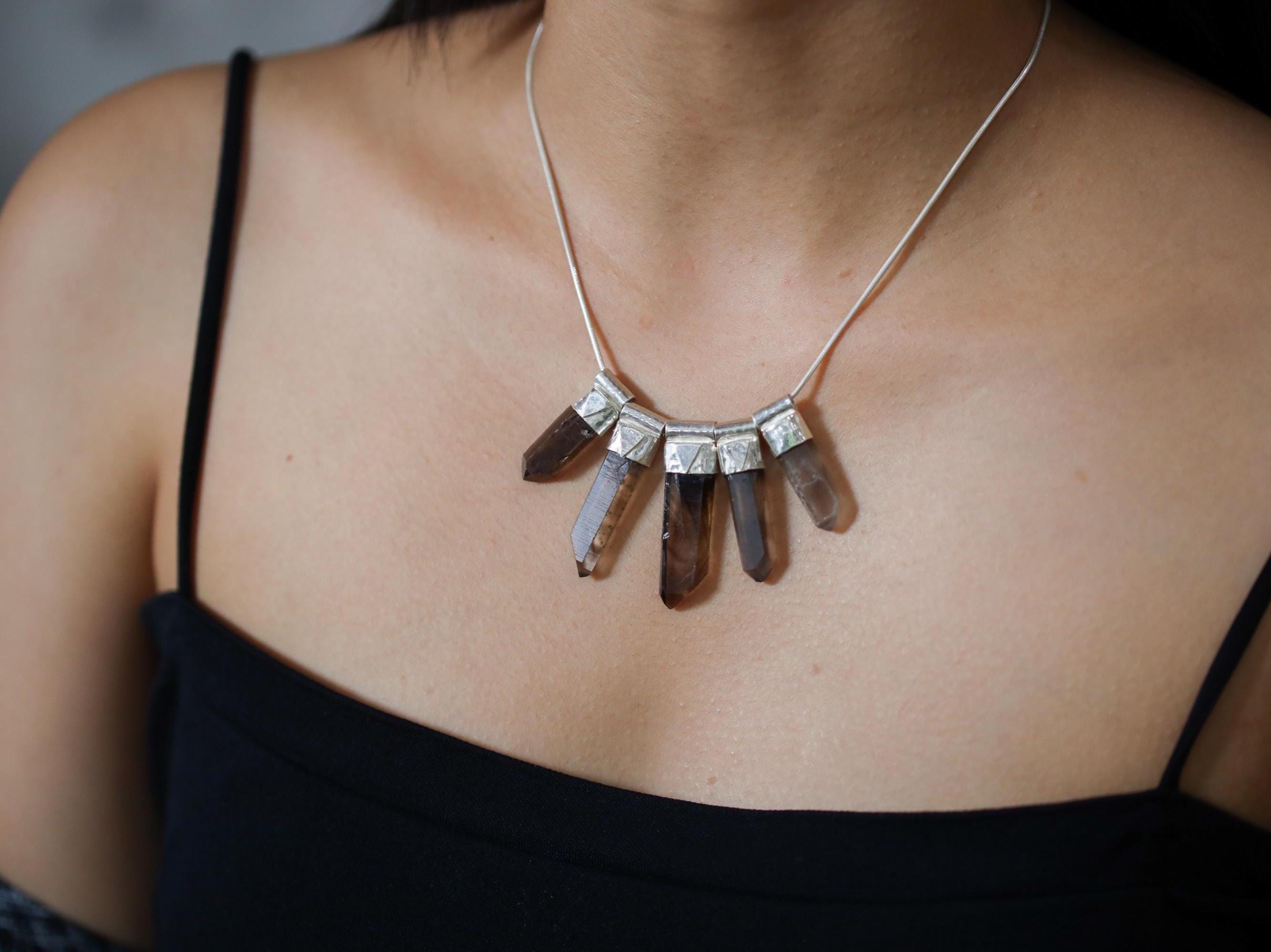 Radiant Five Australian Smoky Citrine Phantom Quartz Stack Pendant on 3mm Snake Chain, Hammered,Sterling Silver, Empowerment & Manifestation