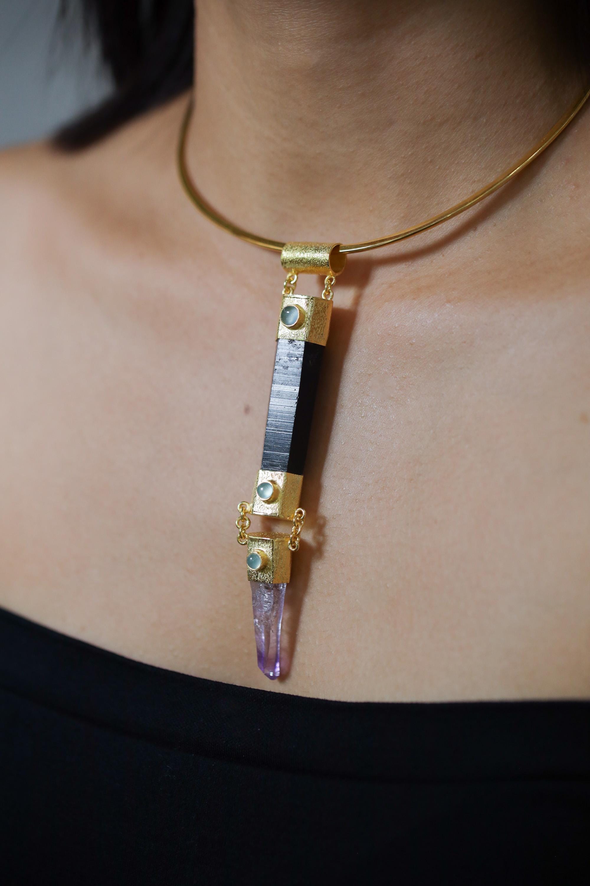 Aquamarine, Black Tourmaline & Vera Cruz Amethyst Pendant, 18k Gold-Plated Sterling Silver, Organic Texture, Spiritual Jewelry, Unique Gift