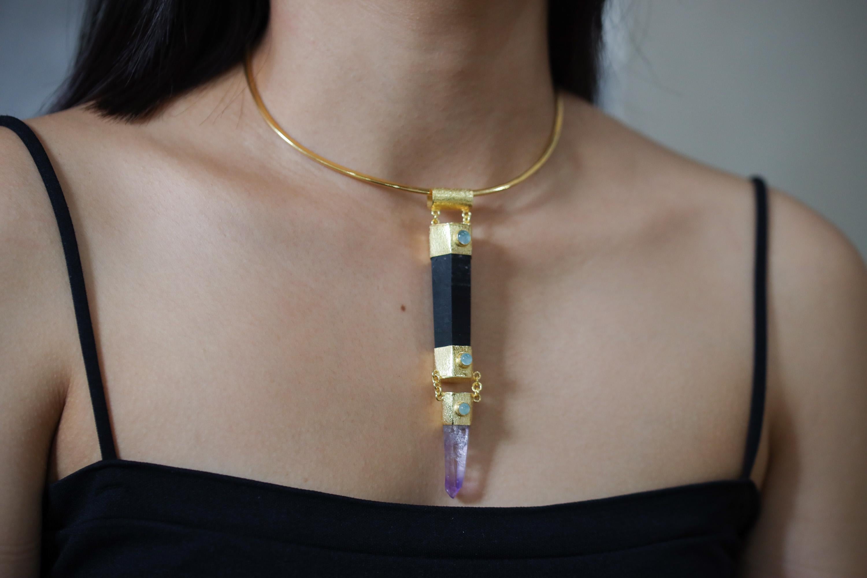 Aquamarine, Black Tourmaline & Vera Cruz Amethyst Pendant, 18k Gold-Plated Sterling Silver, Organic Texture, Spiritual Jewelry, Unique Gift