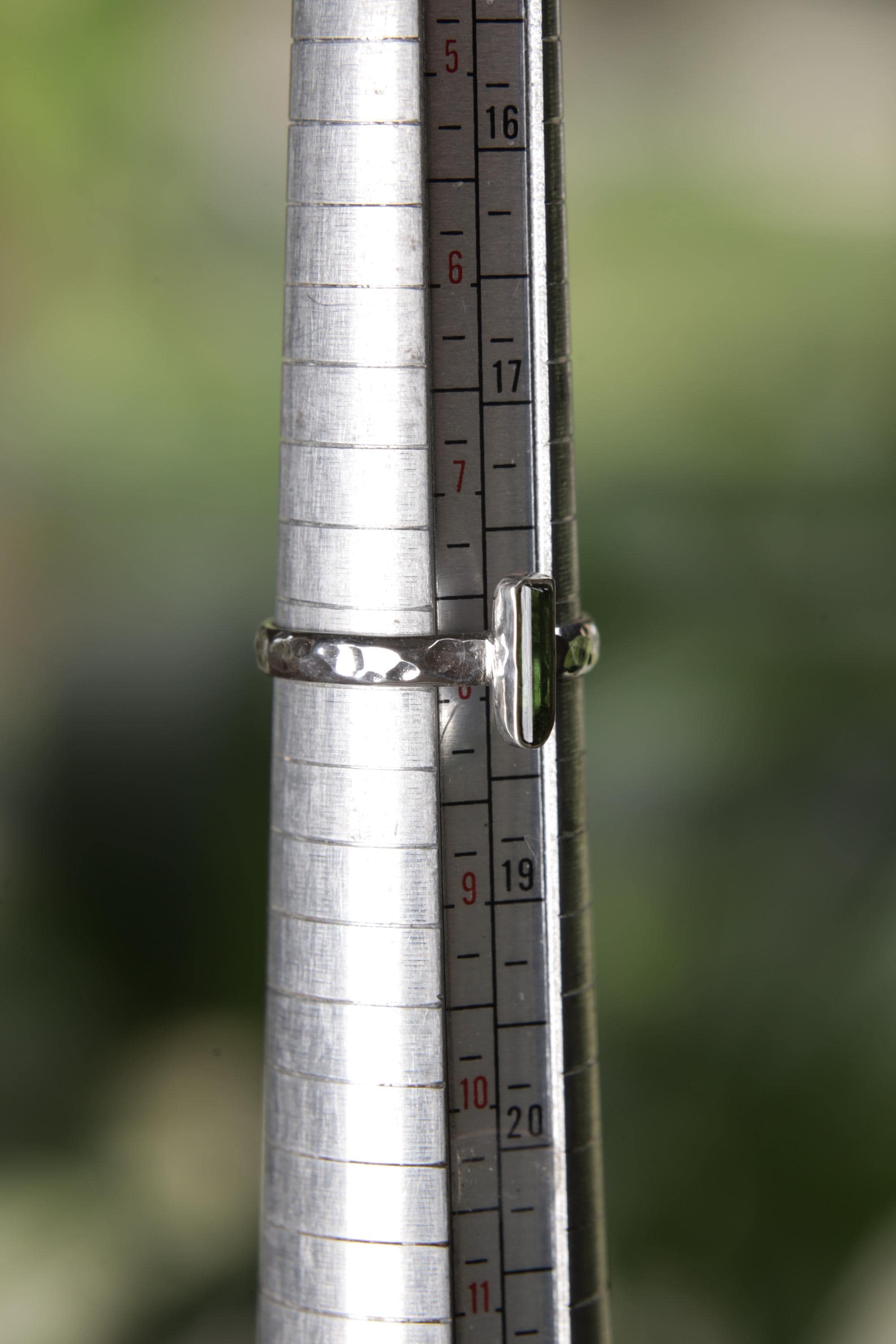 Green Tourmaline Ring: Hammered Sterling Silver Band, Size 8