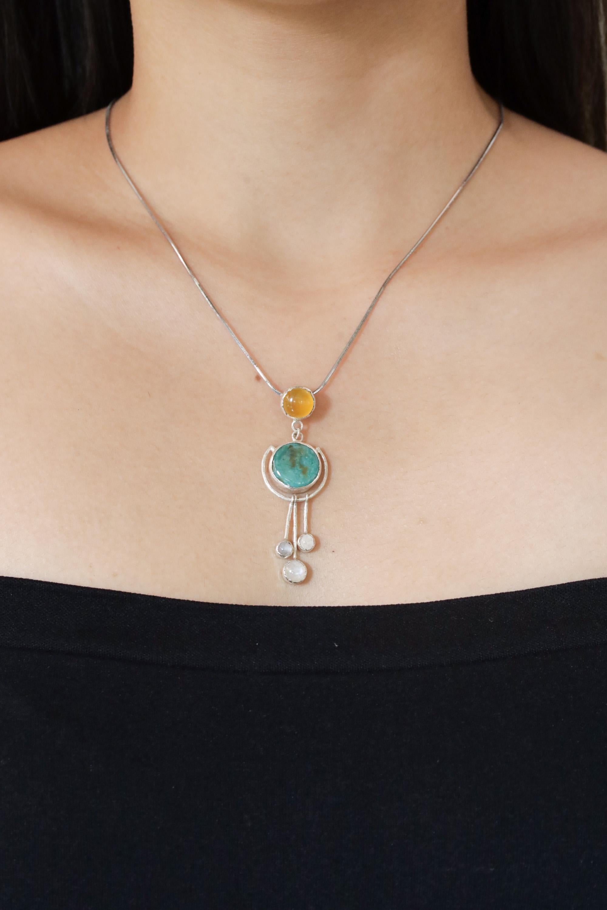 Turquoise Pendant with Three Dangling Moonstones and Radiant Carnelian, Textured Polished Sterling Silver