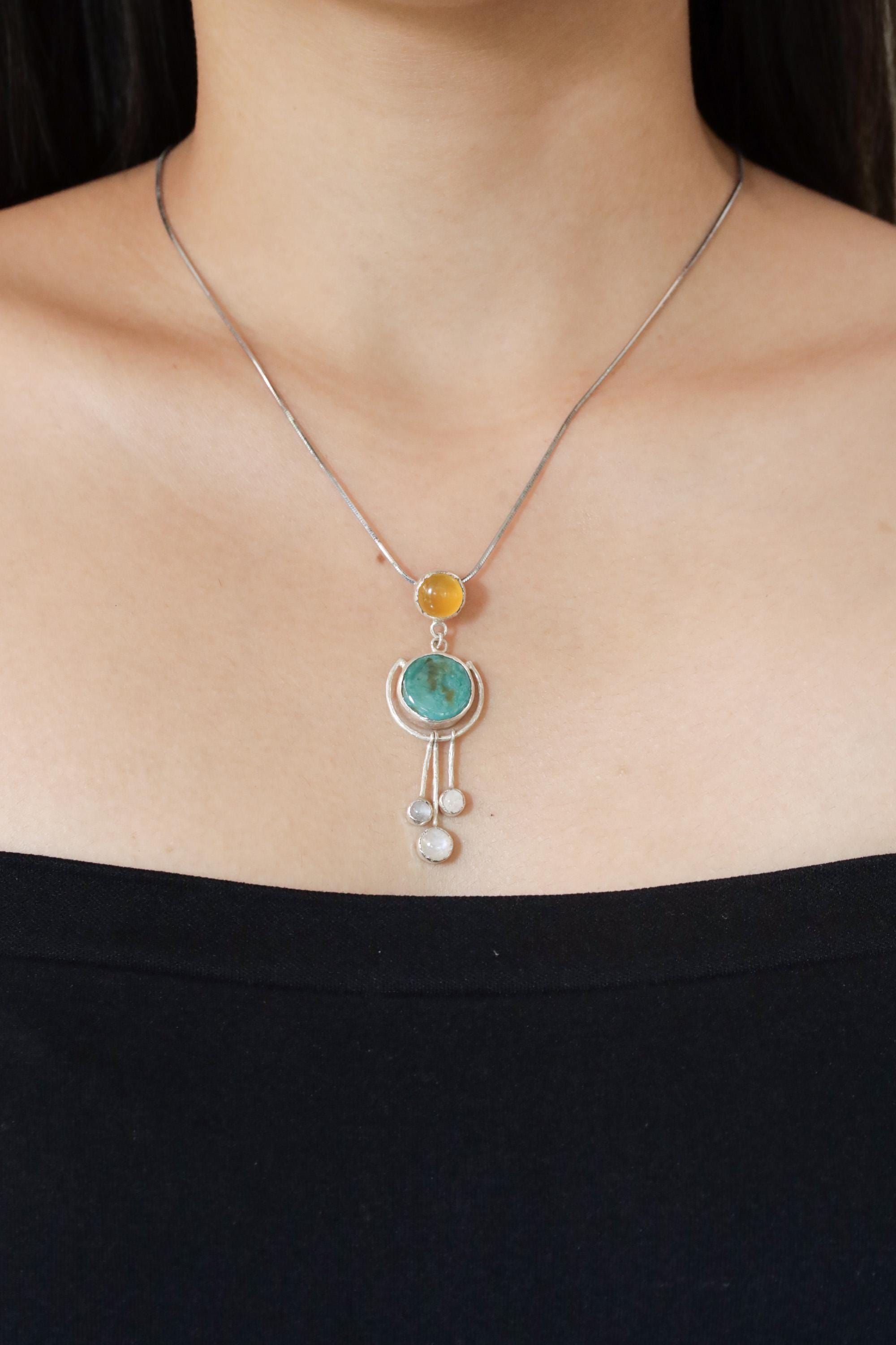 Turquoise Pendant with Three Dangling Moonstones and Radiant Carnelian, Textured Polished Sterling Silver