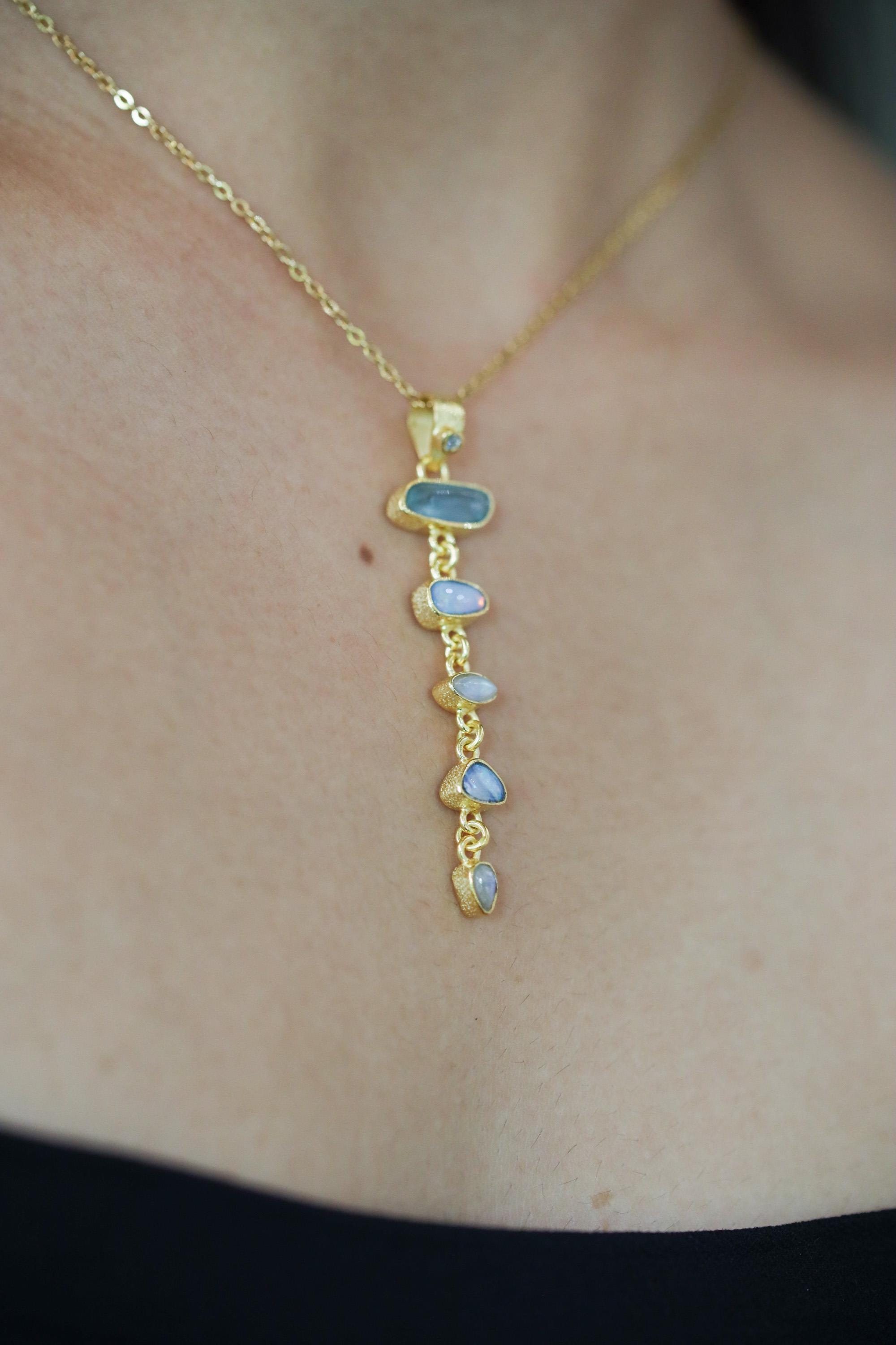 Round Faceted Zircon, Aquamarine, Australian Opal Droplets & Blue Moonstone Pendant 18k GoldPlated Organic Texture Spiritual Clarity Healing