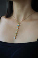 Faceted Radiant Zircon, Aquamarine, Australian Opal Doublet & Blue Moonstone Pendant, 18k Gold-Plated Sterling Silver, Unique Gift