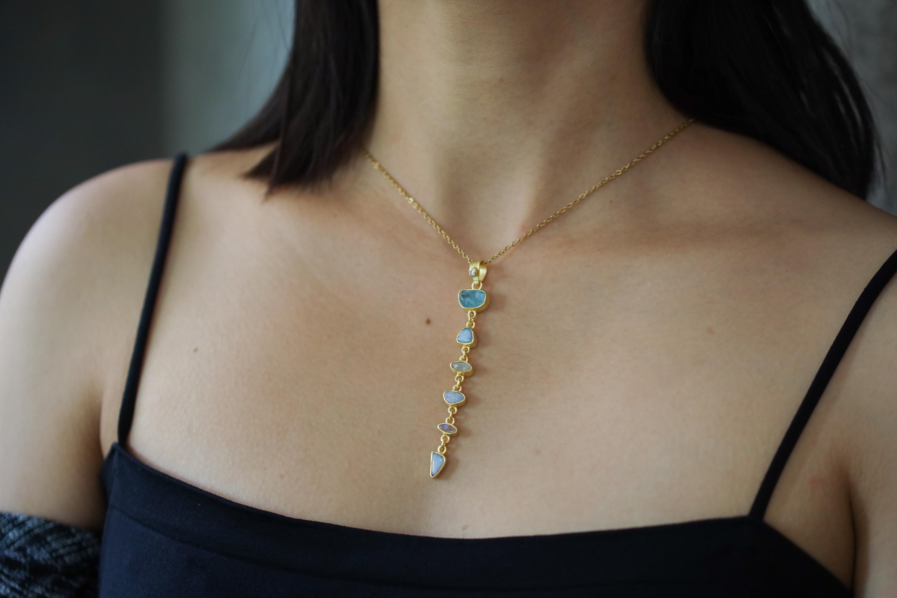 Faceted Radiant Zircon, Aquamarine, Australian Opal Doublet & Blue Moonstone Pendant, 18k Gold-Plated Sterling Silver, Unique Gift