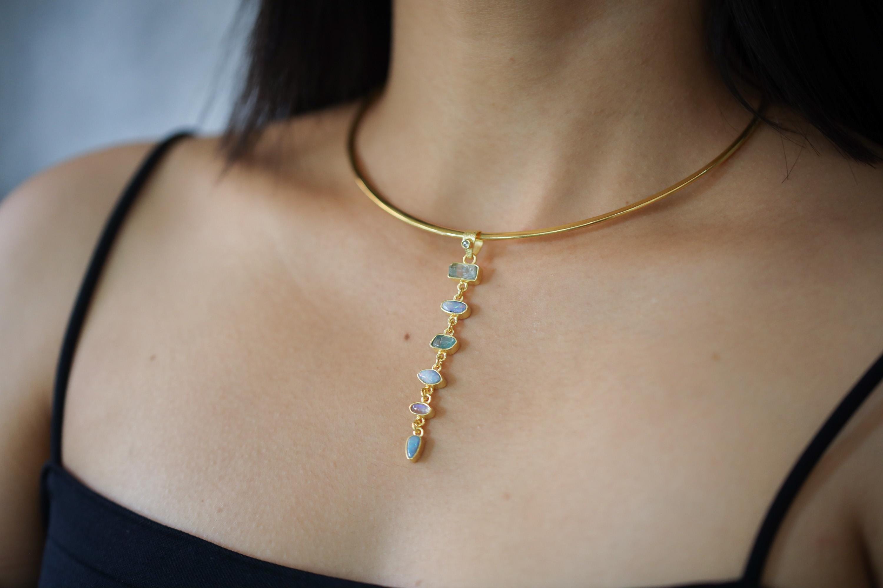 Radiant Zircon, Aquamarine, Australian Opal Doublet & Blue Moonstone Pendant, 18k Gold-Plated Sterling Silver, Unique Gift