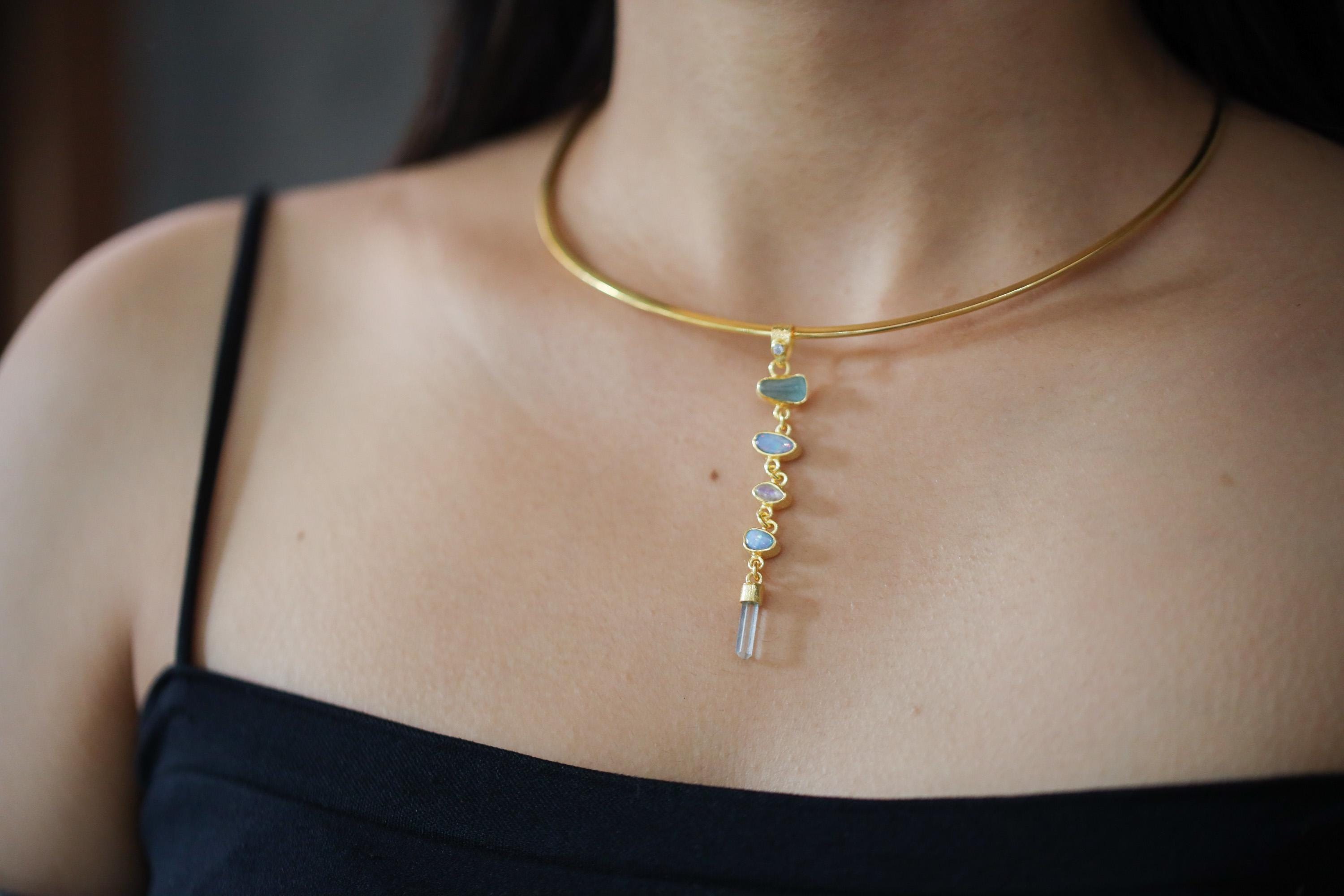 Harmonious Round Zircon, Aquamarine, Australian Opal Doublet & Blue Moonstone Pendant, Texture, 18k Gold-Plated Sterling Silver, Unique Gift