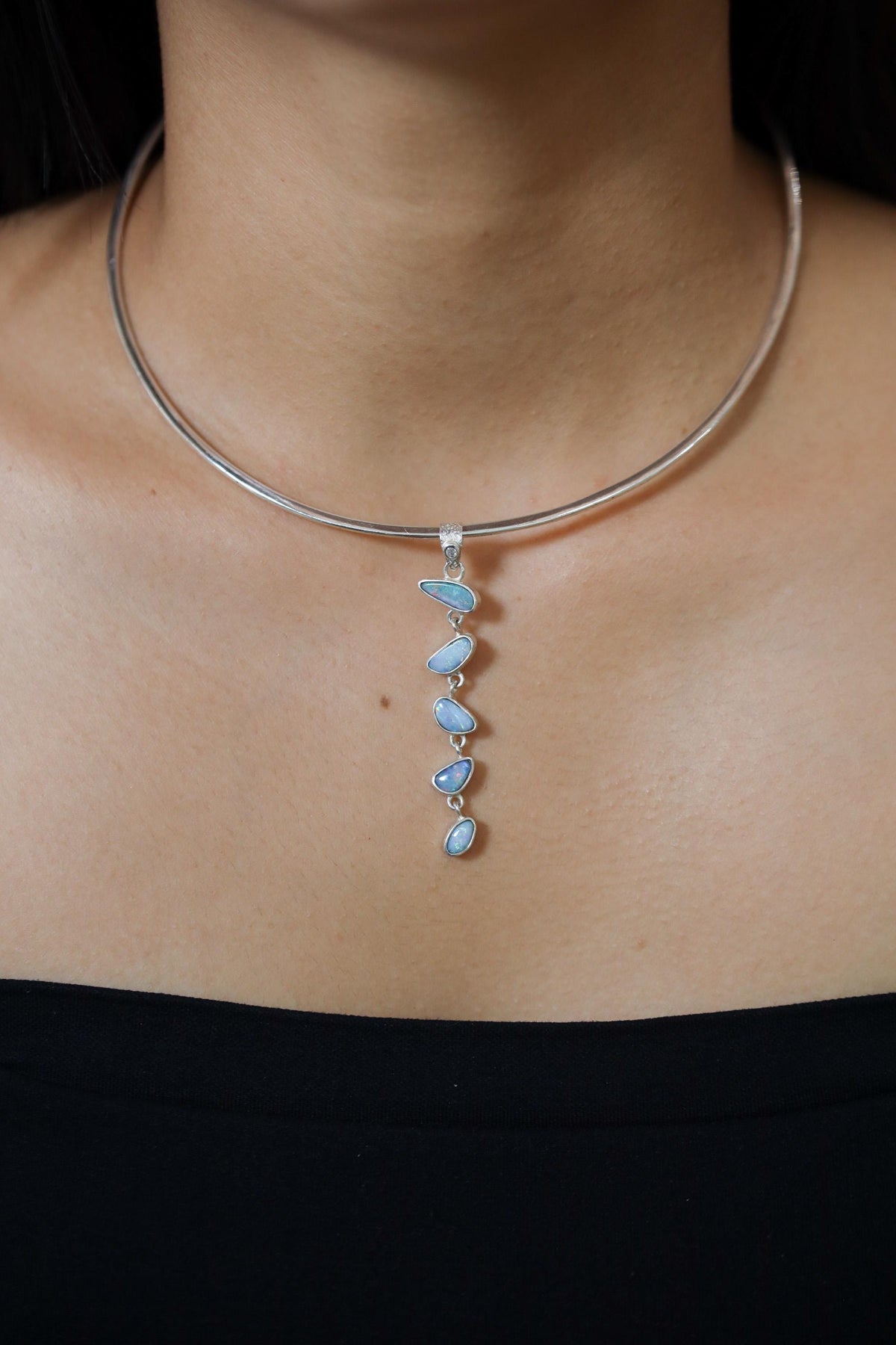 Five Australian Opal Droplet, Faceted Zircon Pendant Sterling Silver Organic Texture Healing Energy, Spiritual Clarity Emotional Balance