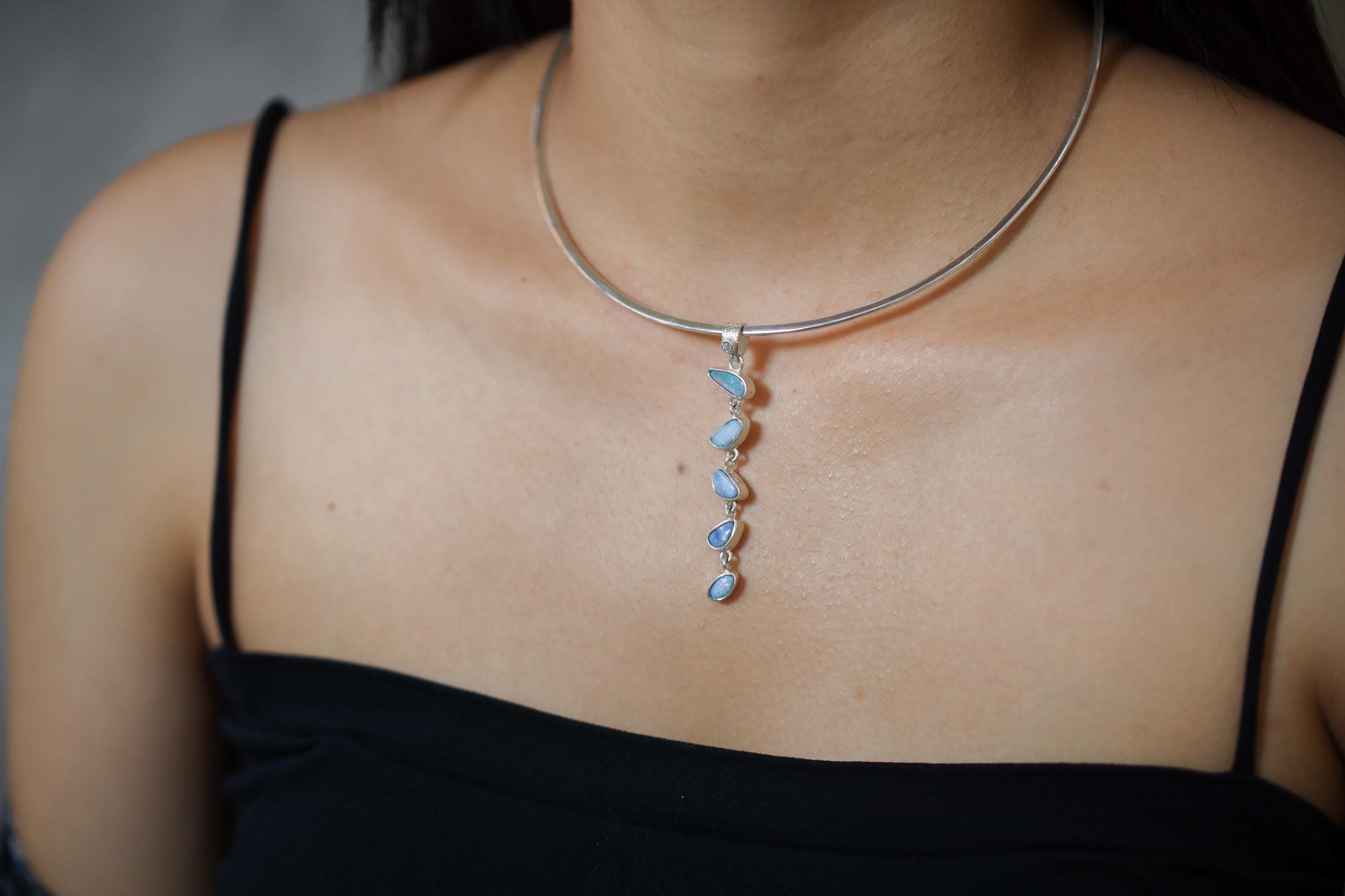 Five Australian Opal Droplet, Faceted Zircon Pendant Sterling Silver Organic Texture Healing Energy, Spiritual Clarity Emotional Balance