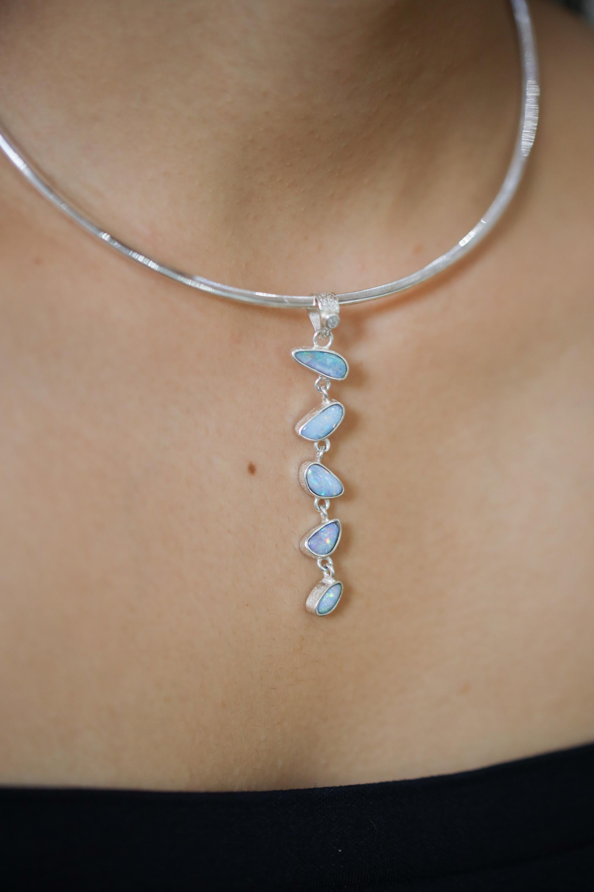 Five Australian Opal Droplet, Faceted Zircon Pendant Sterling Silver Organic Texture Healing Energy, Spiritual Clarity Emotional Balance