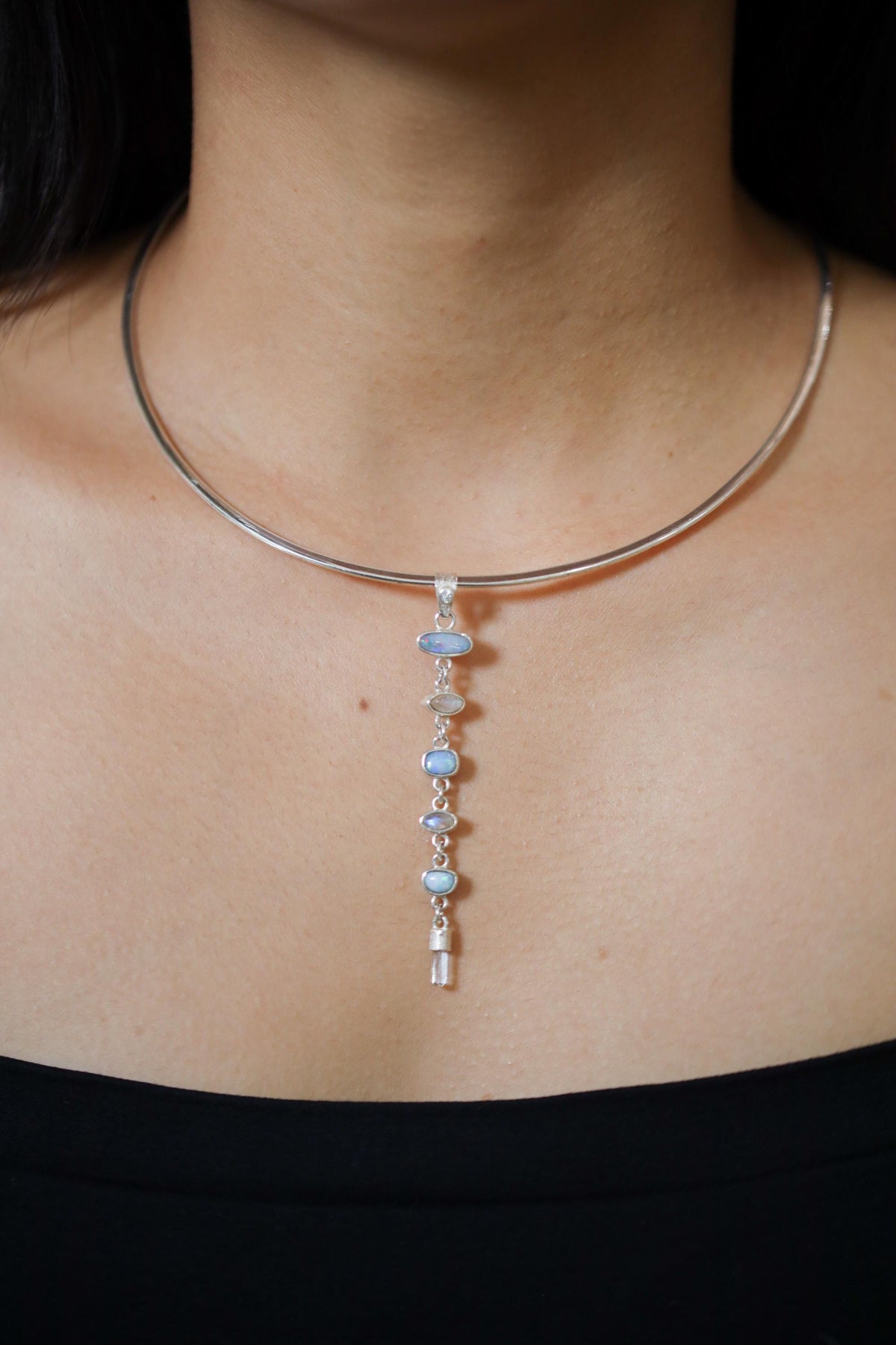 Faceted Zircon, Australian Opal Pendant, Blue Moonstone and Aquamarine, Sterling Silver, Crown & Throat Chakra, Libra Zodiac, Unique Gift