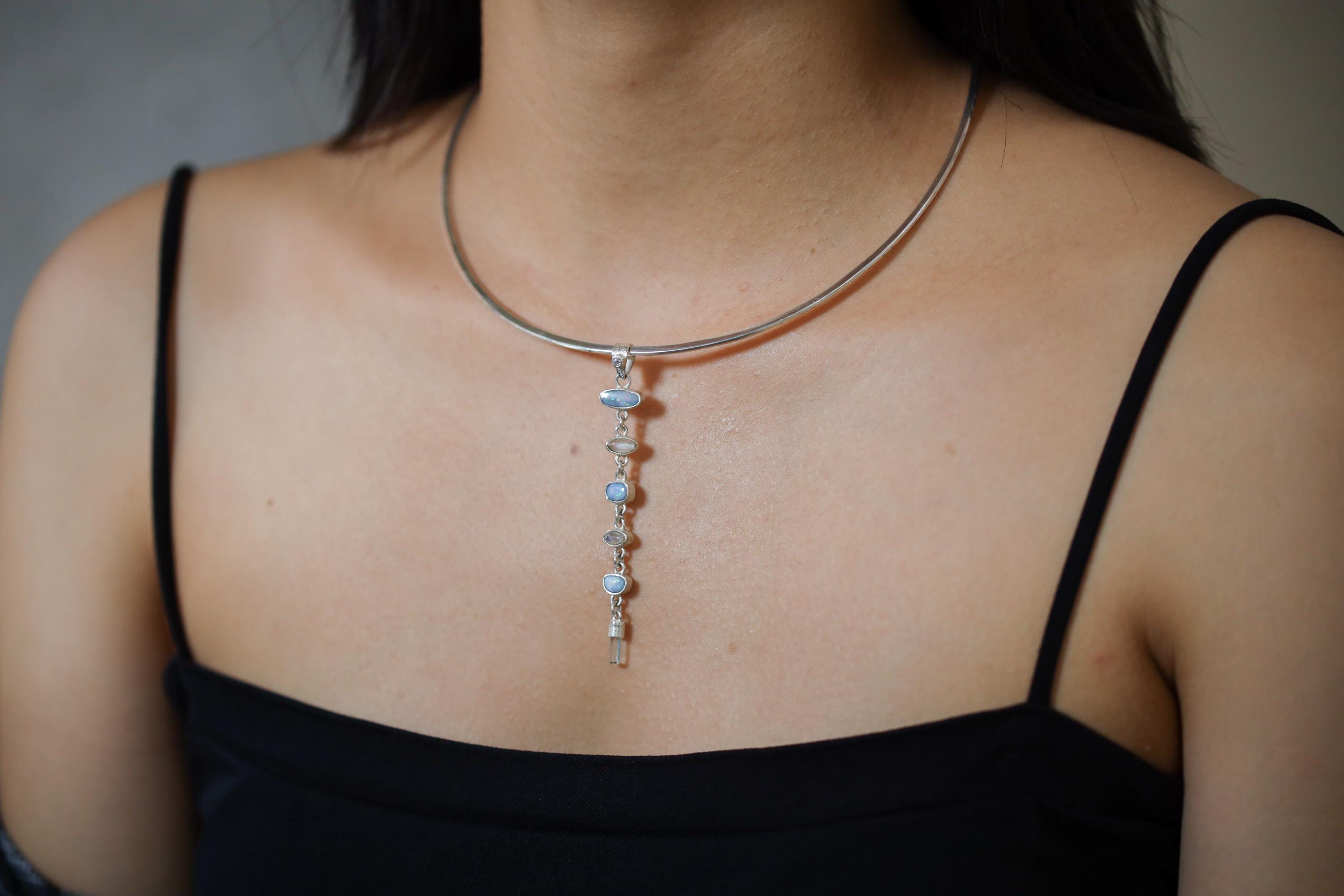Faceted Zircon, Australian Opal Pendant, Blue Moonstone and Aquamarine, Sterling Silver, Crown & Throat Chakra, Libra Zodiac, Unique Gift