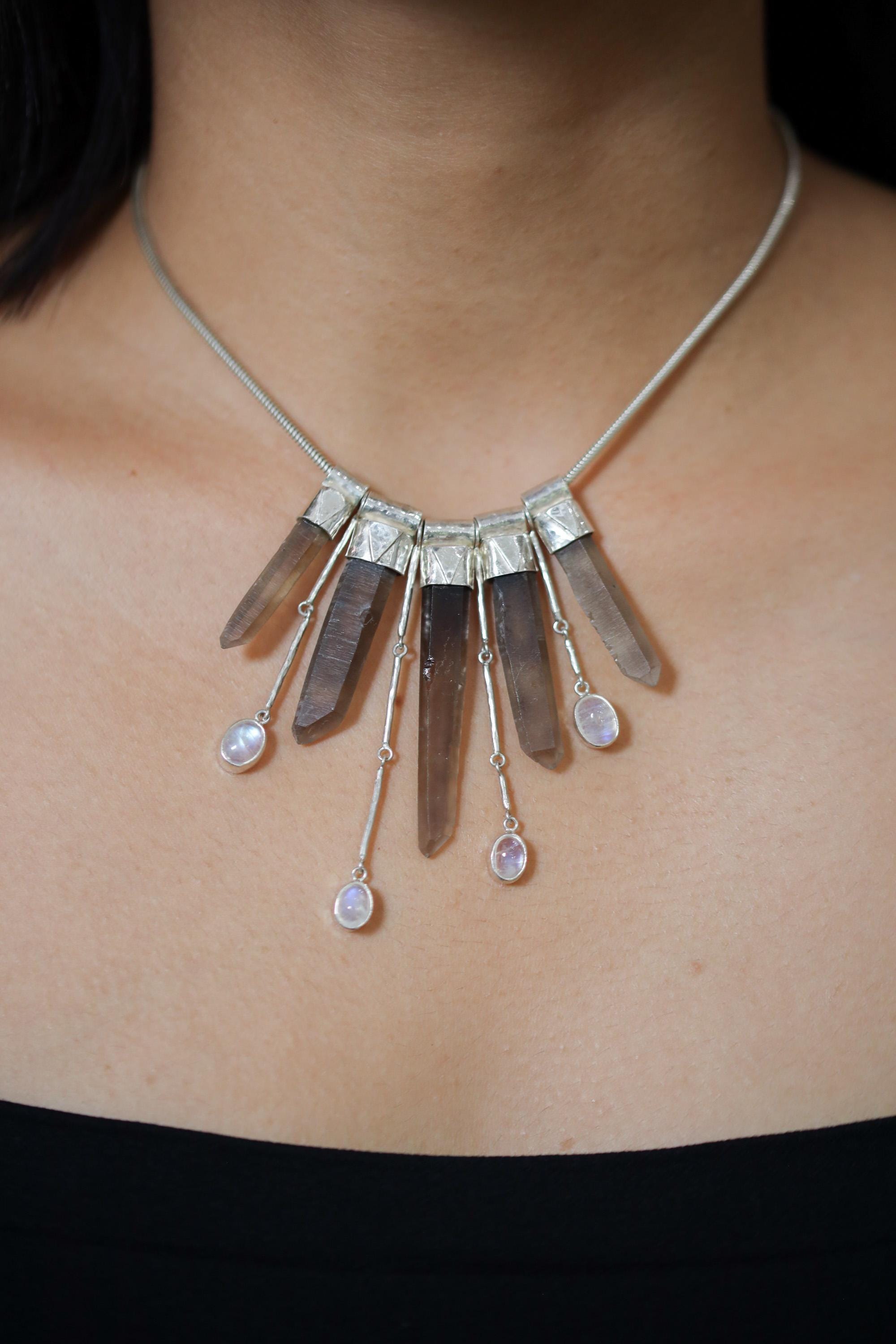 Elegant Blue Moonstone, Australian Smoky Citrine Phantom Quartz Stack Pendant on 3mm Snake Chain, Textured Sterling Silver, Light & Healing