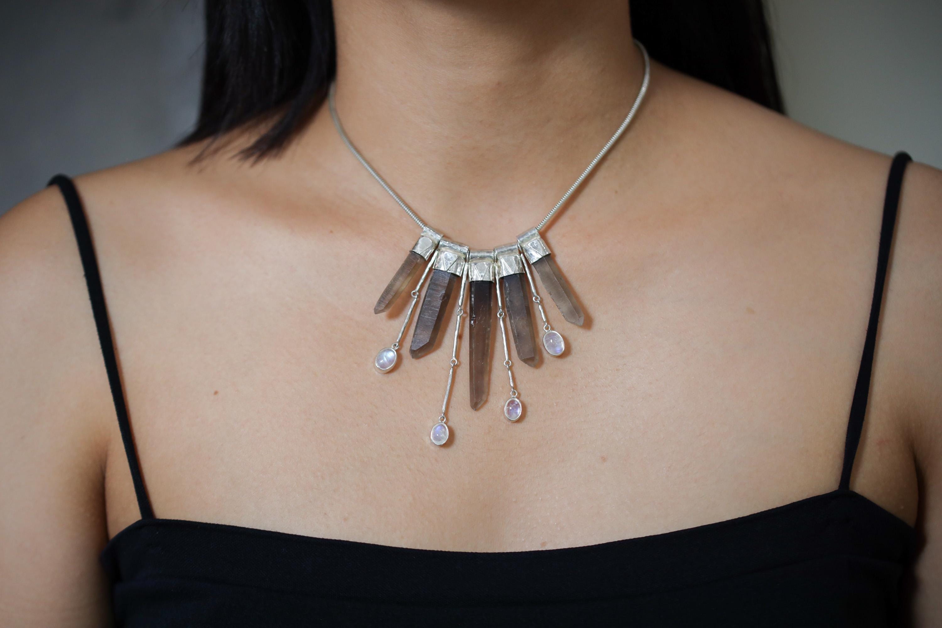 Elegant Blue Moonstone, Australian Smoky Citrine Phantom Quartz Stack Pendant on 3mm Snake Chain, Textured Sterling Silver, Light & Healing