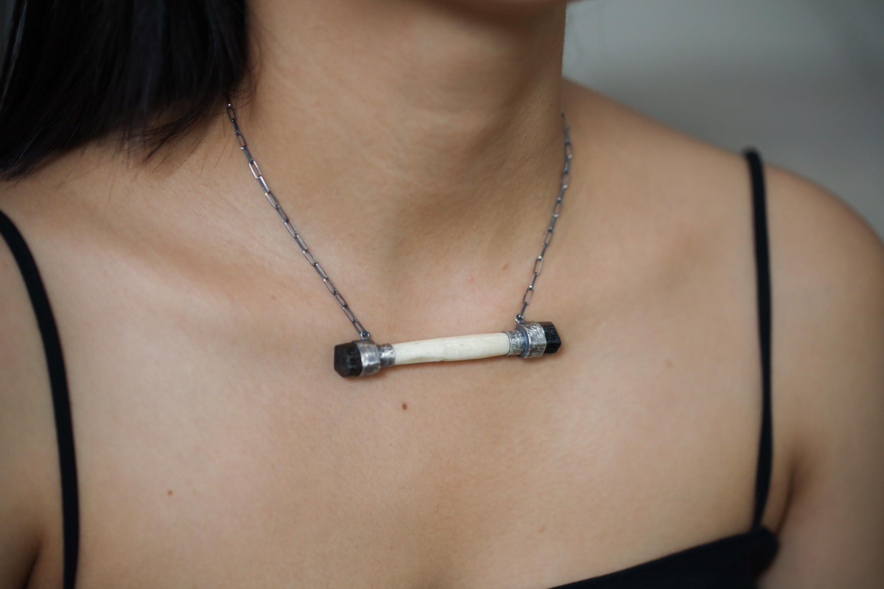Black terminated himalayan Tourmaline dravite & Antique carved antler Pendant, , link chain