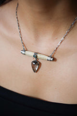 Aquamarine & Rutile Quartz Pendant: Oxidized Sterling Silver Bone