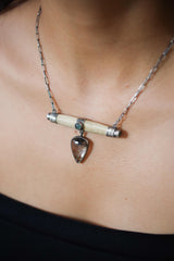 Aquamarine & Rutile Quartz Pendant: Oxidized Sterling Silver Bone